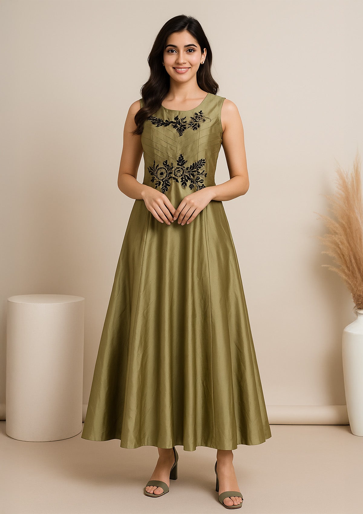 Olive Green - Golden Silk Black Embroidered One Piece Gown ClothingSutra Olive Green - Golden Silk Black Embroidered One Piece Gown ClothingSutra