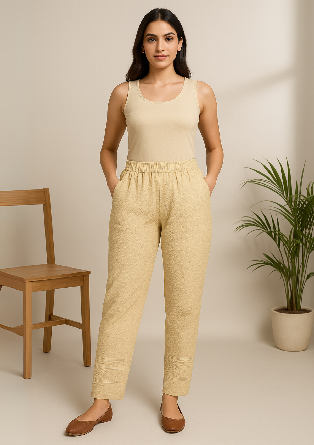 Women’s Beige Cotton Pant – Chikankari Embroidery Straight