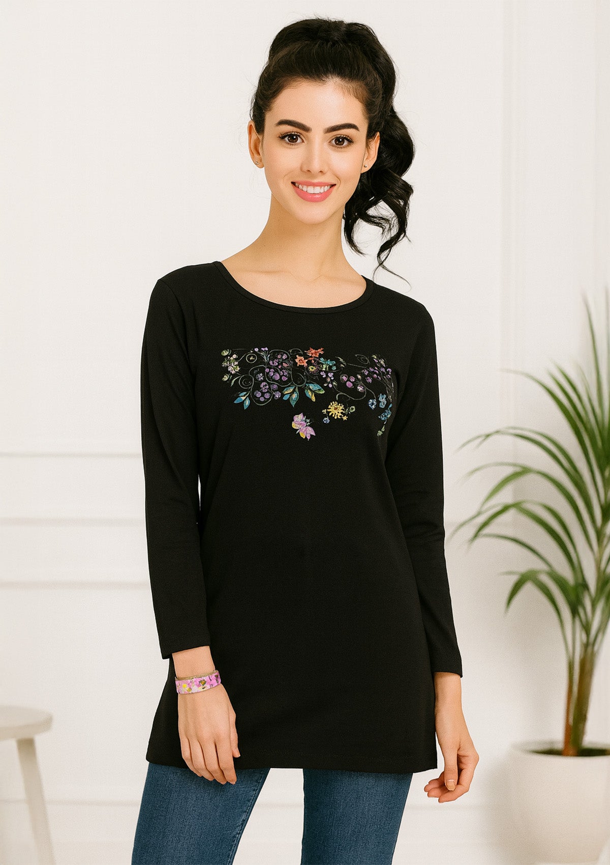 Women’s Long Top – Black Cotton Knit with Floral Yoke Embroidery Print
