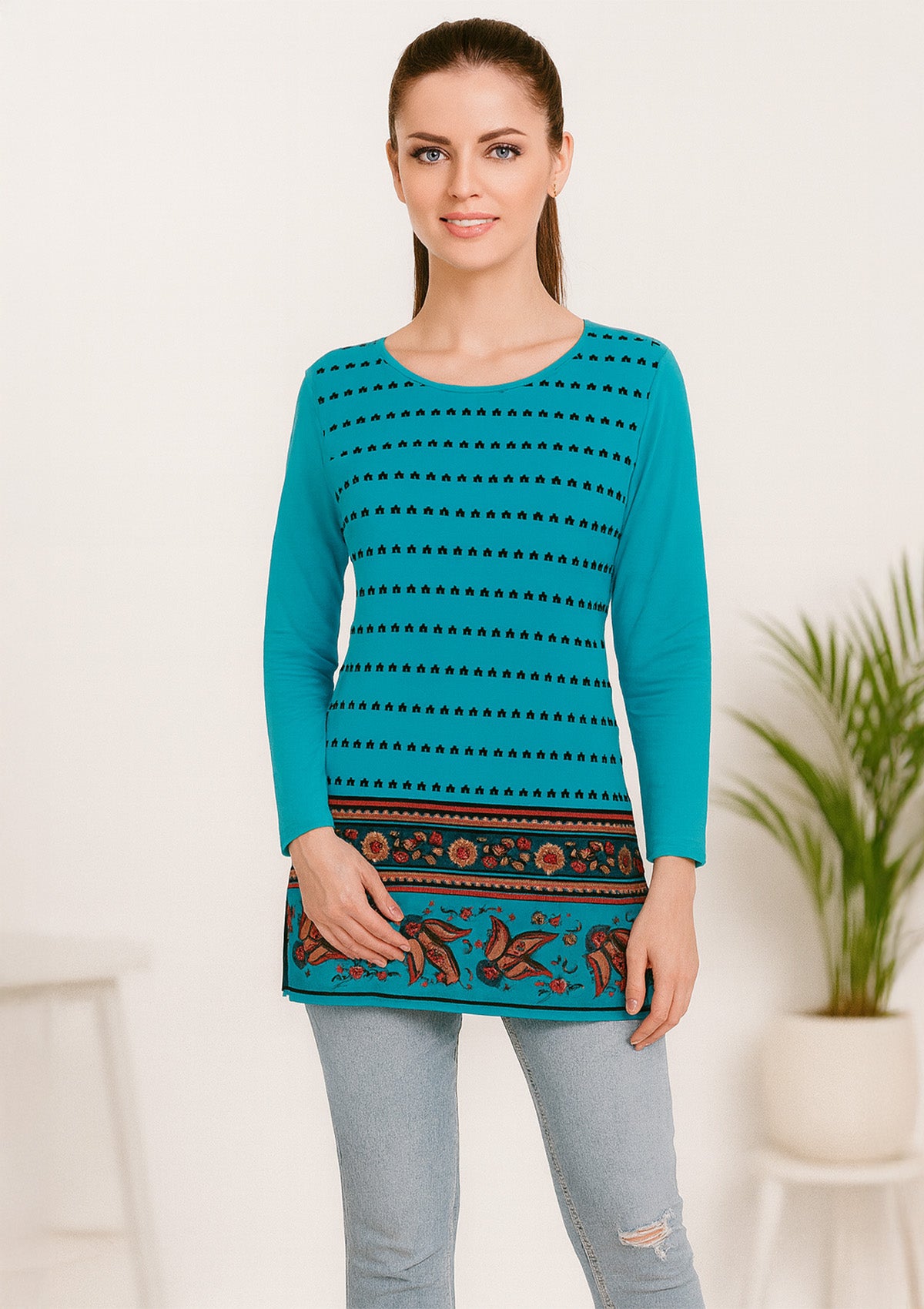 Women’s Long Top – Teal Cotton Knit with Paisley Border