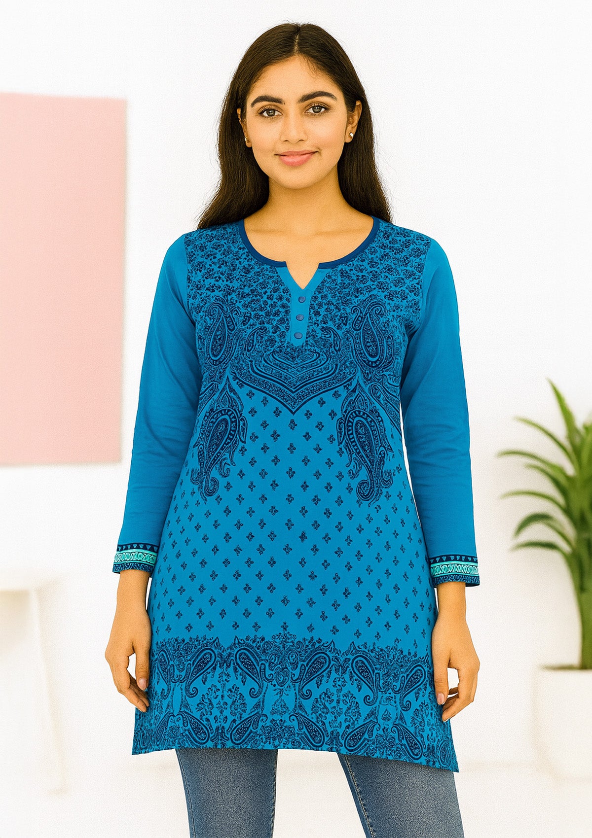 Women’s Long Top – Teal Blue Cotton Knit, Split Neck with Buttons