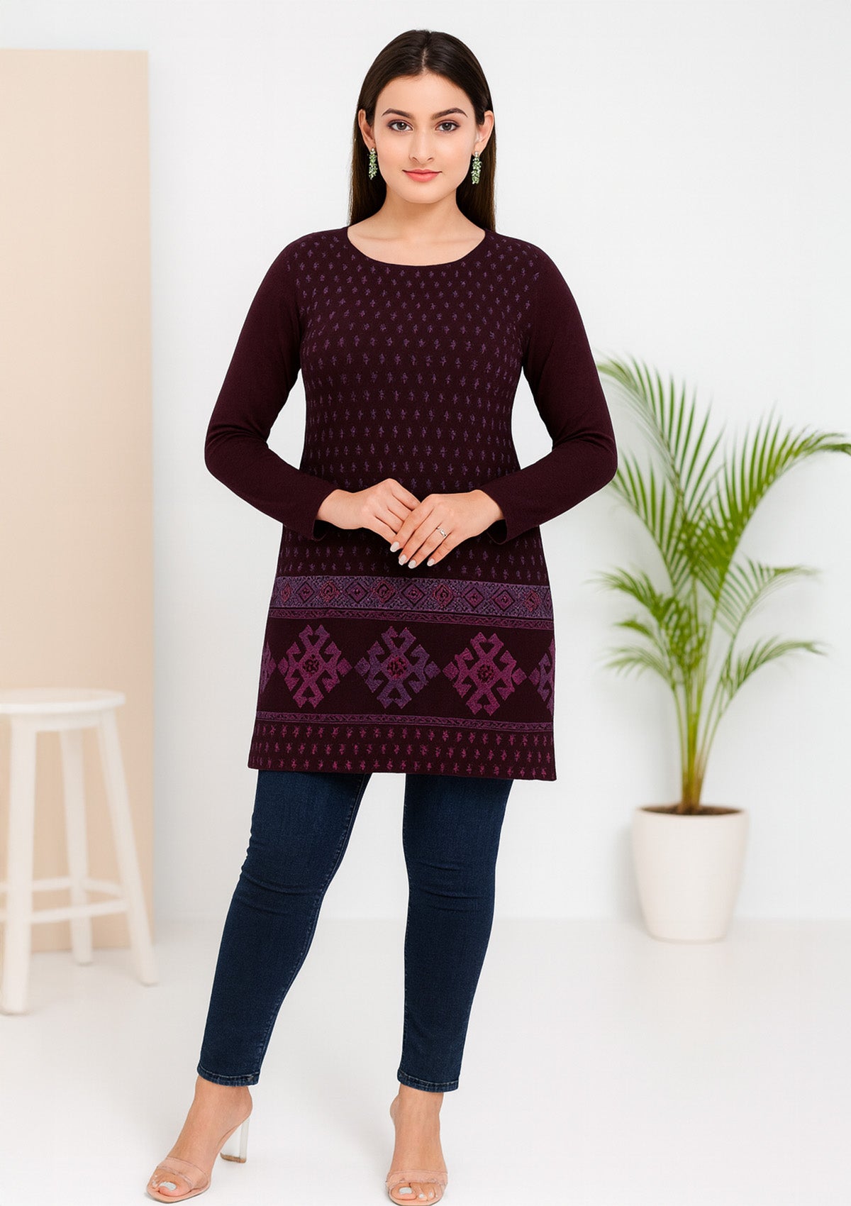 Women’s Long Top – Wine Color with Geometric Border Panels
