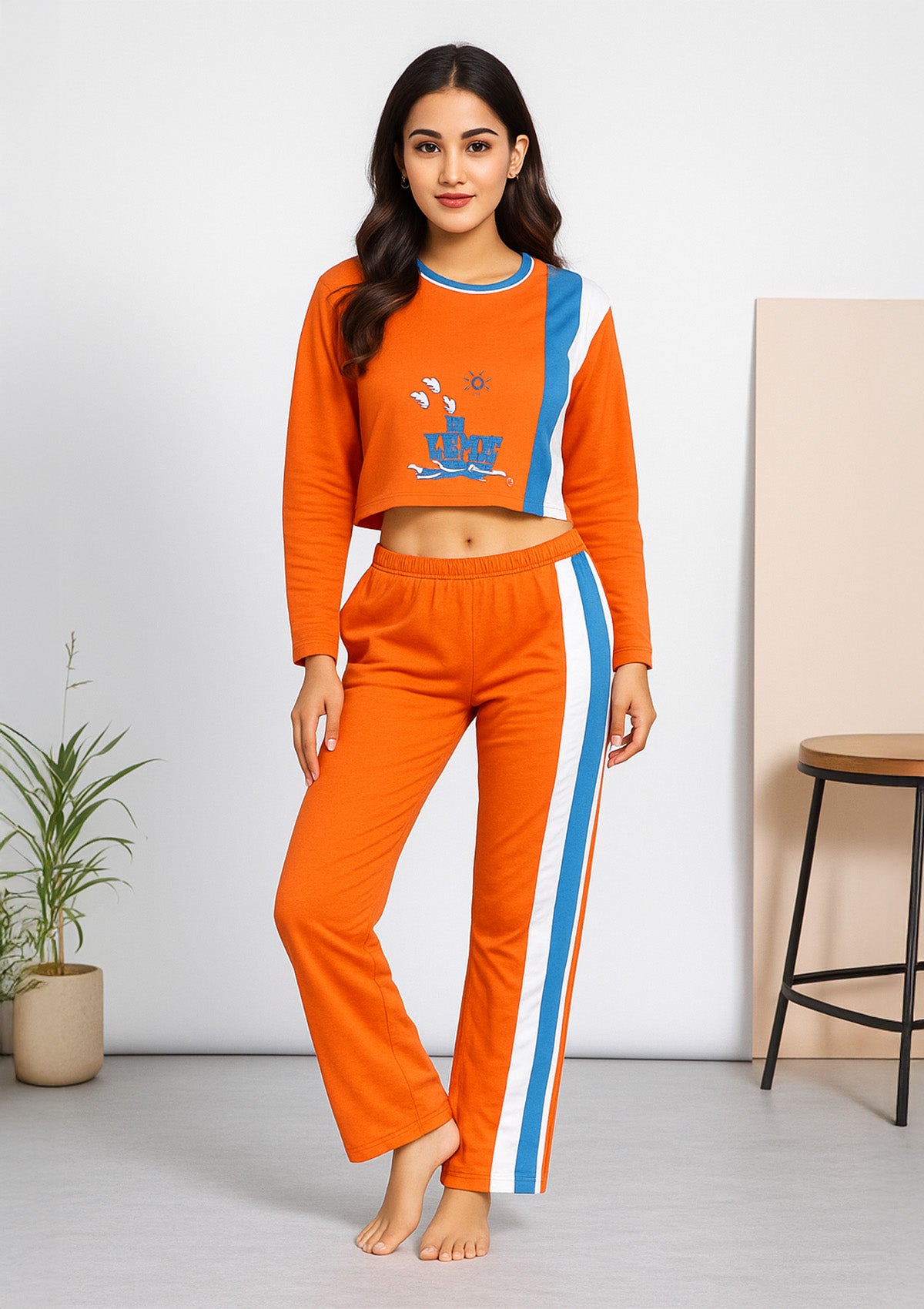 Women’s Night Suit – Orange Cotton Knit Co‑ord Set - Long Sleeve