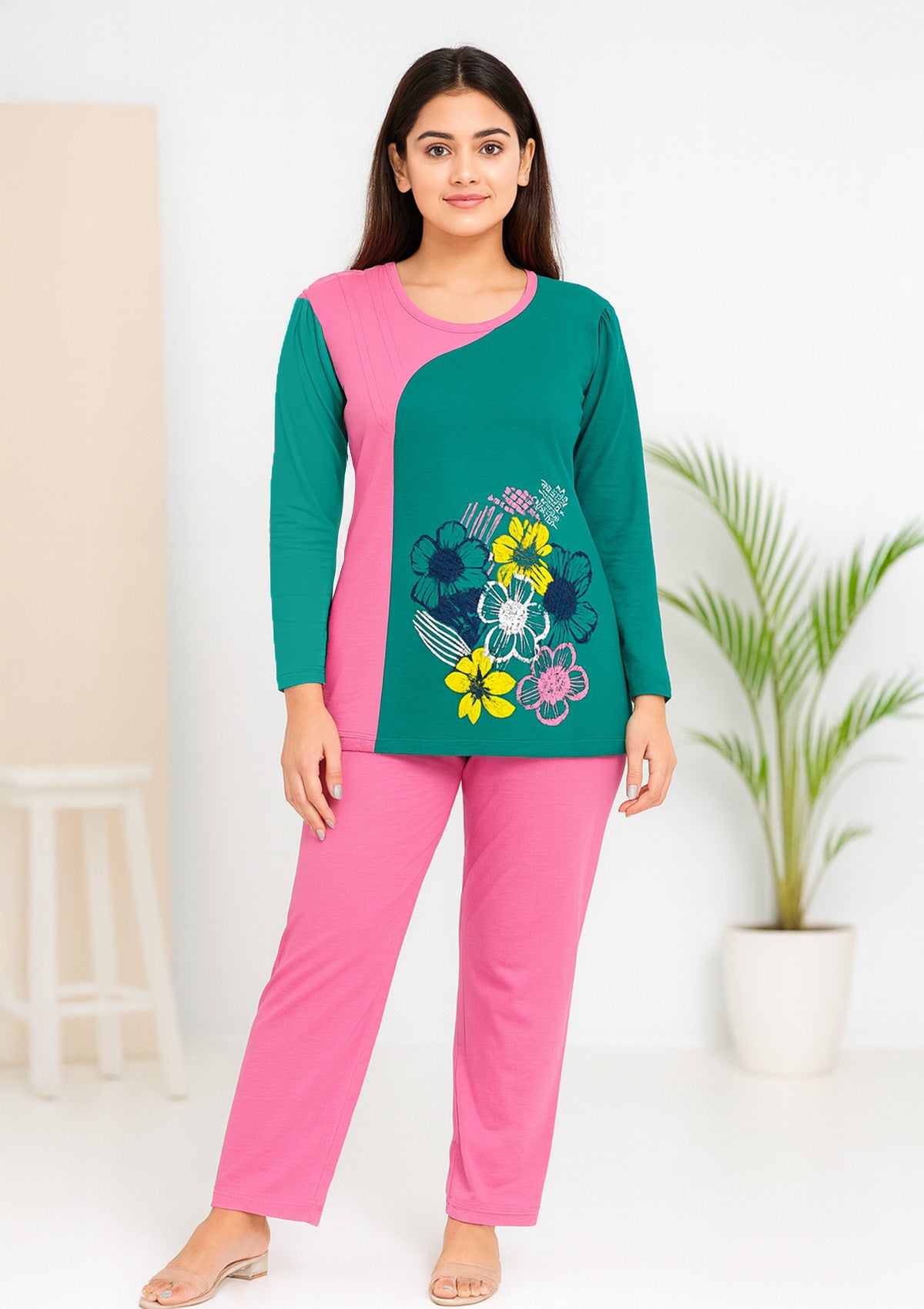 Women’s Night Suit – Teal and Pink Cotton Knit Set