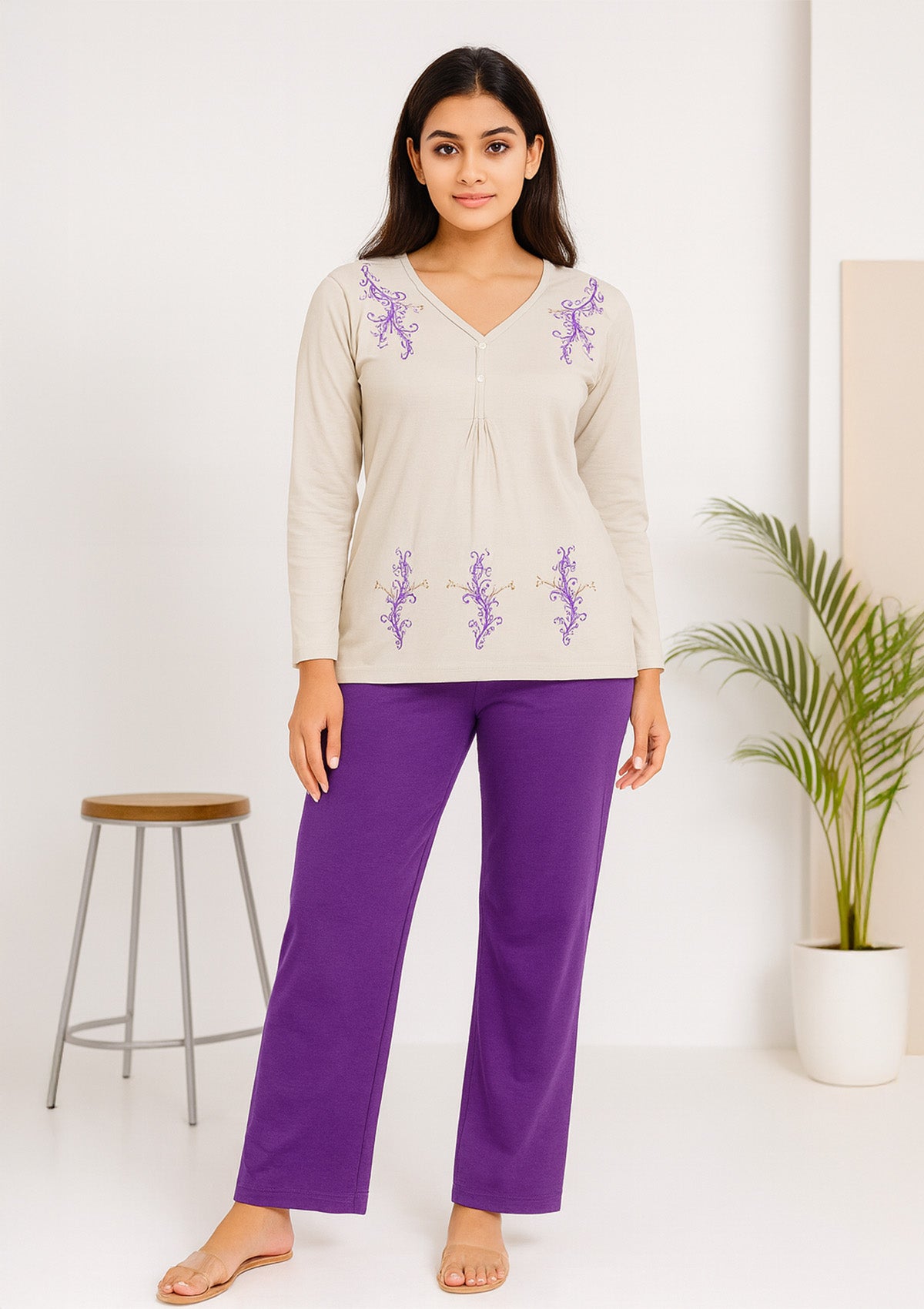 Women’s Night Suit – Embroidered Beige and Purple Cotton Knit Set