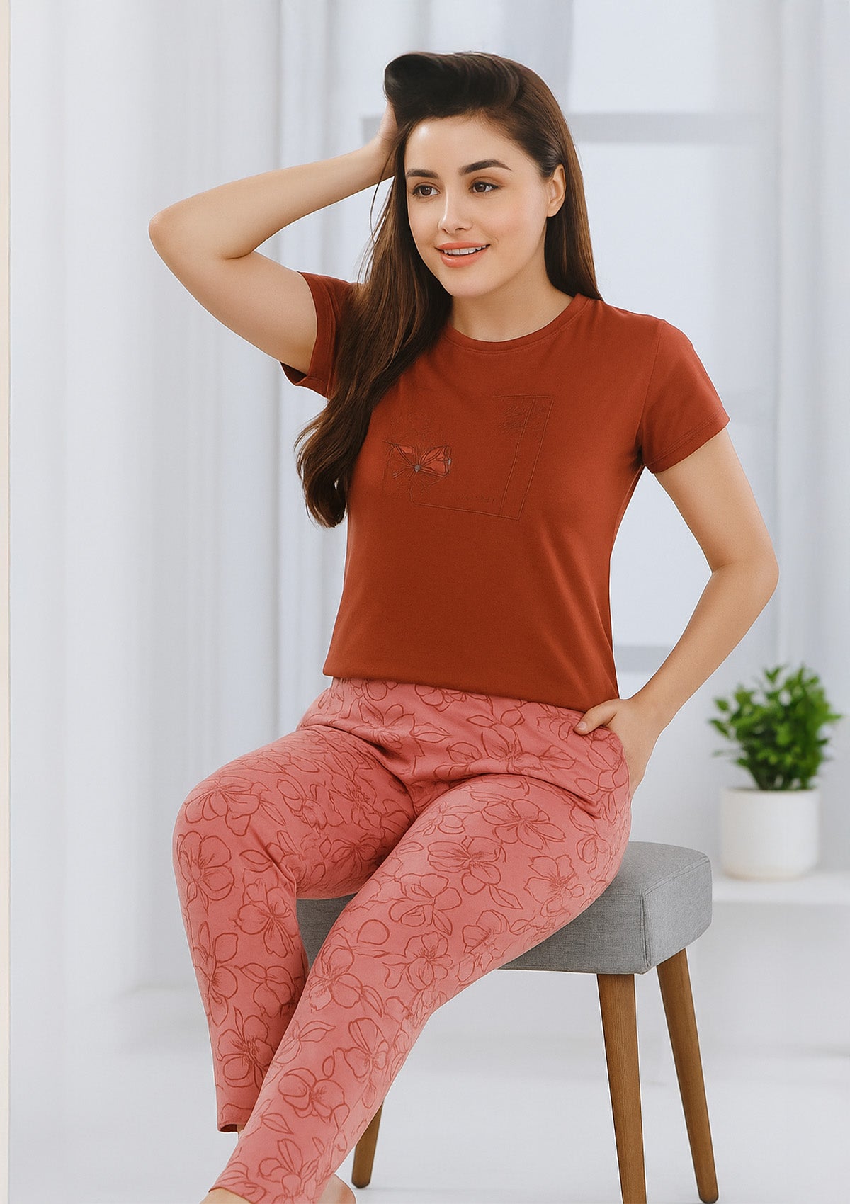 Women’s Night Suit – 3‑Piece Set, Rose Pink Floral Print Pyjama Suit