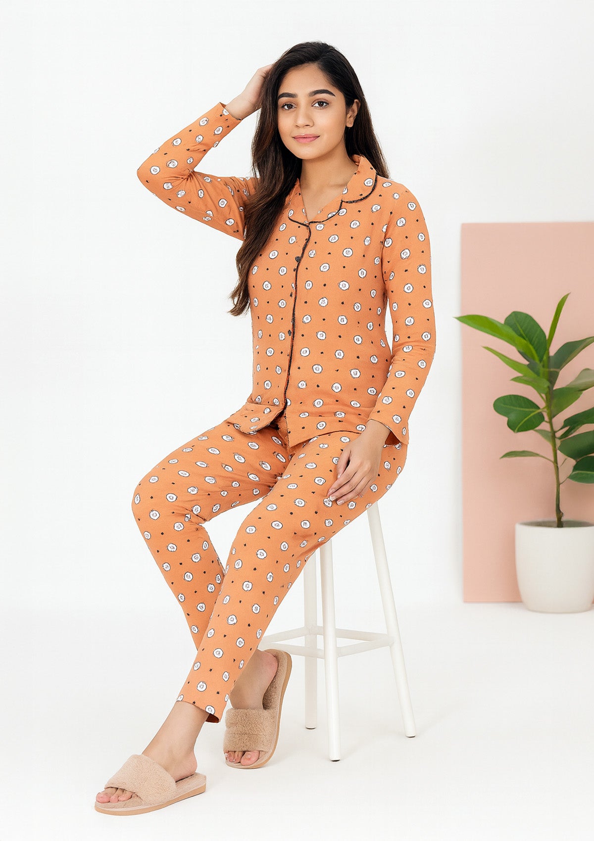 Women’s Night Suit – Peach Polka Smiley Button‑Down Pyjama Set