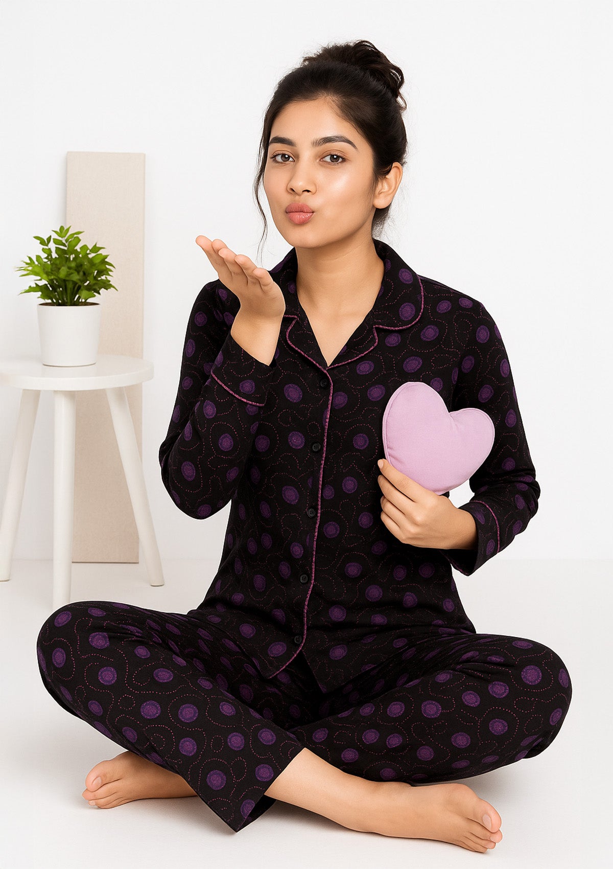 Women’s Night Suit – Black and Purple Polka Swirl Pyjama Set