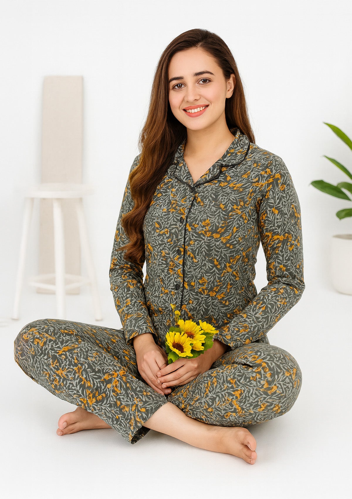 Women’s Night Suit – Olive, Mustard & Grey Floral Pyjama Set