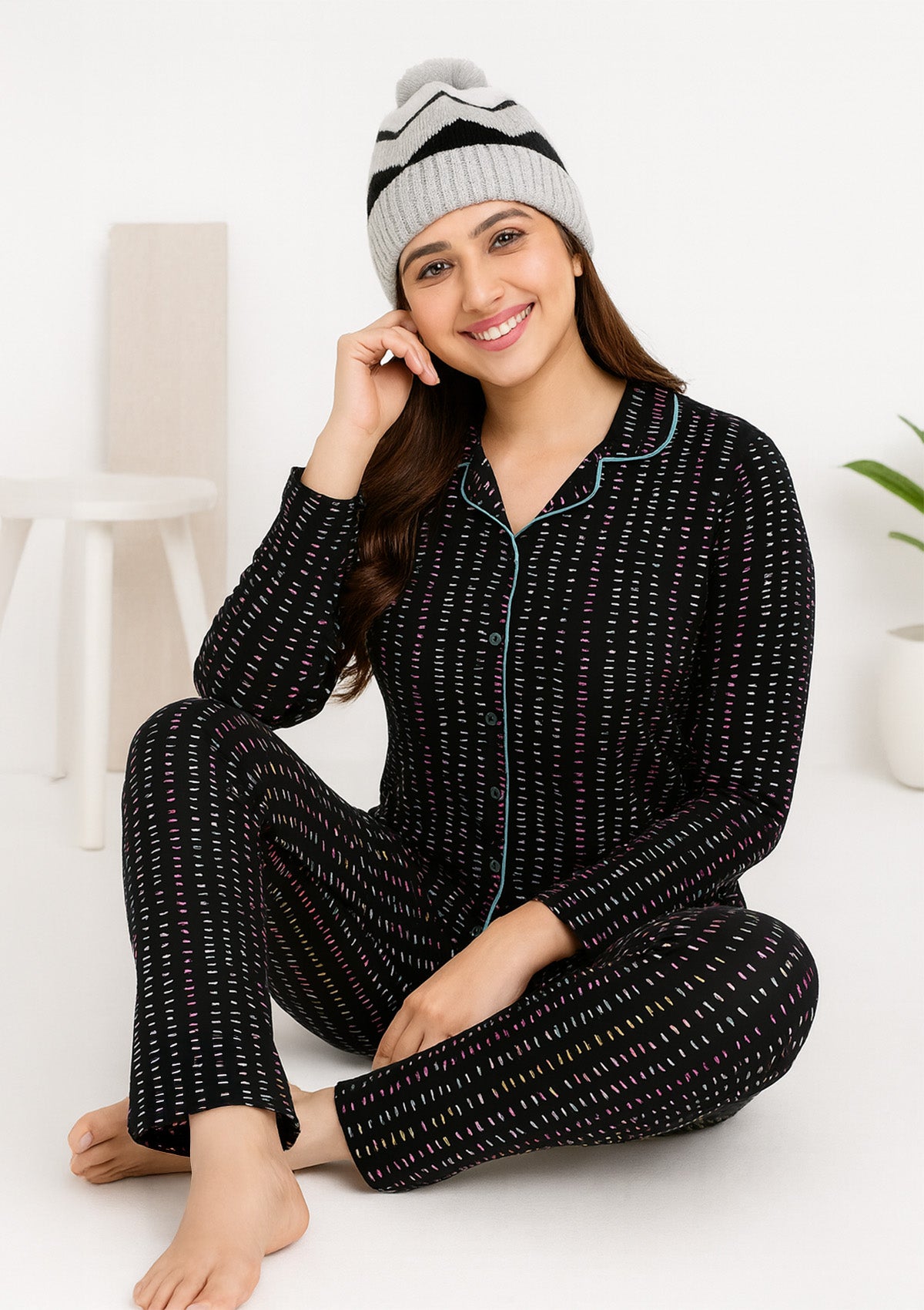 Women’s Night Suit – Black Confetti Dash Button‑Down Pyjama Set