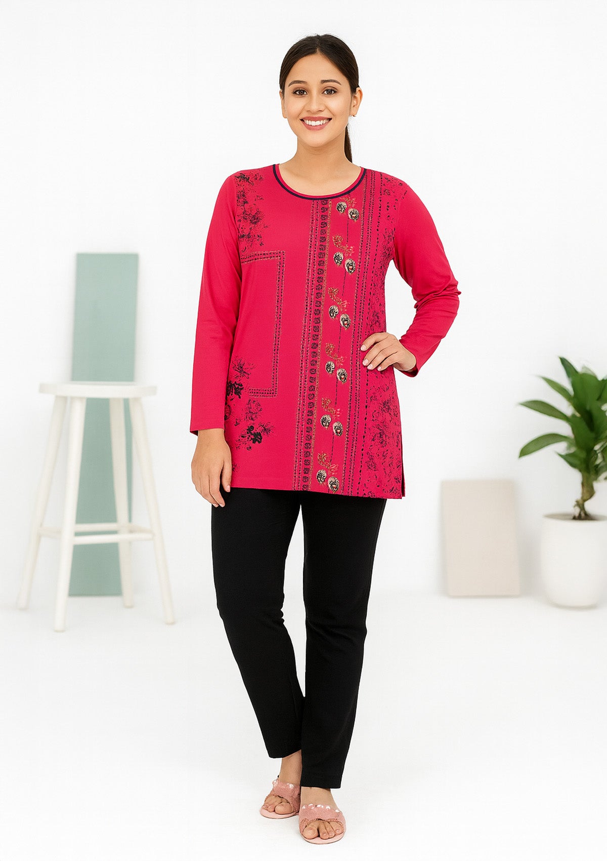 Women’s Night Suit – Rani Pink Printed Top with Lower