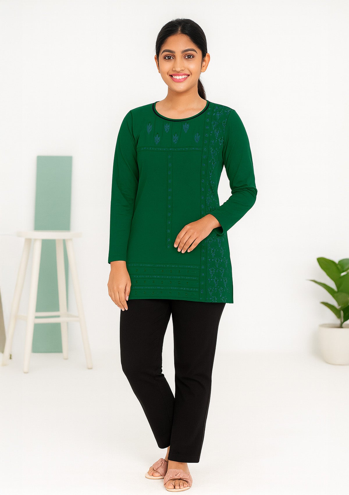 Women’s Night Suit – Emerald Long Top Set with Printed Yoke