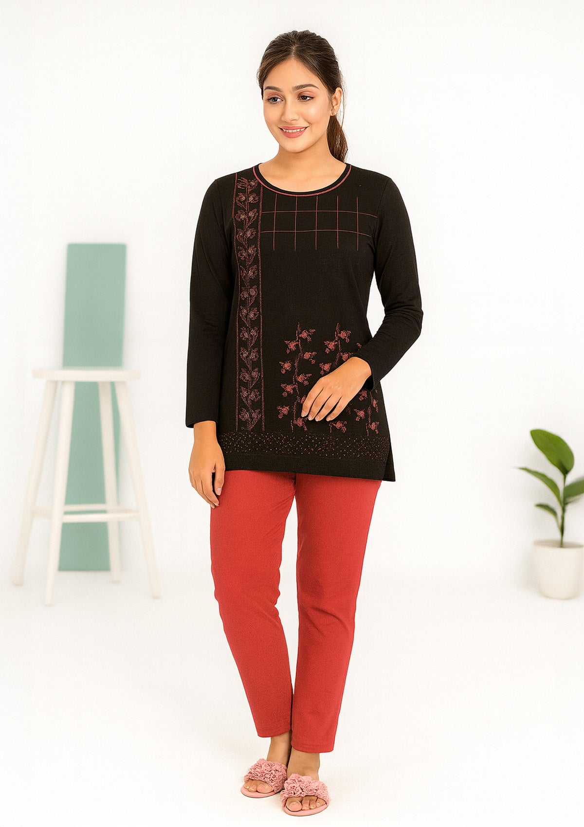 Women’s Night Suit – Dark Brown Long‑Top Set with Grid Panel