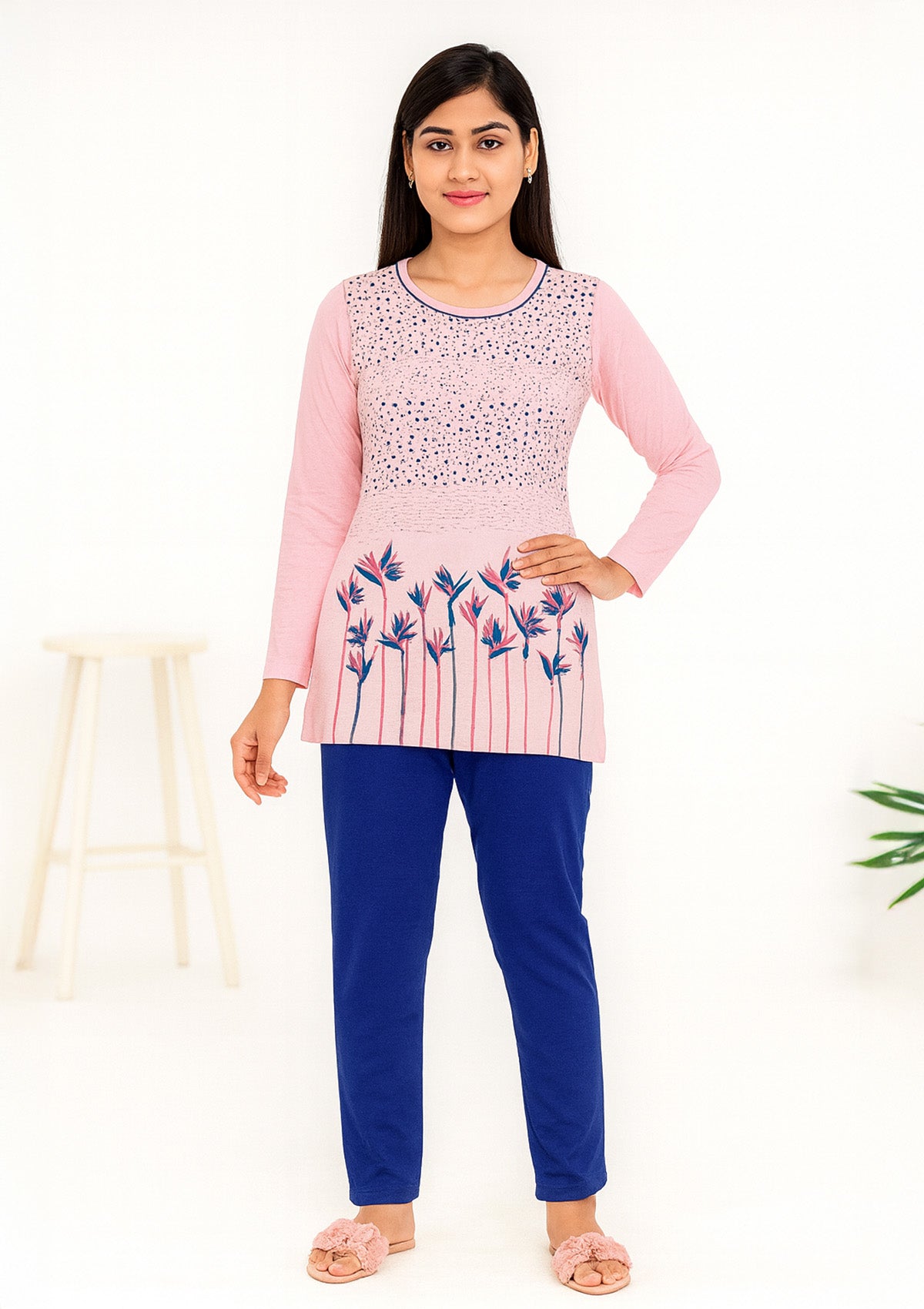 Women’s Night Suit – Pink Printed Long‑Top with Floral Hem
