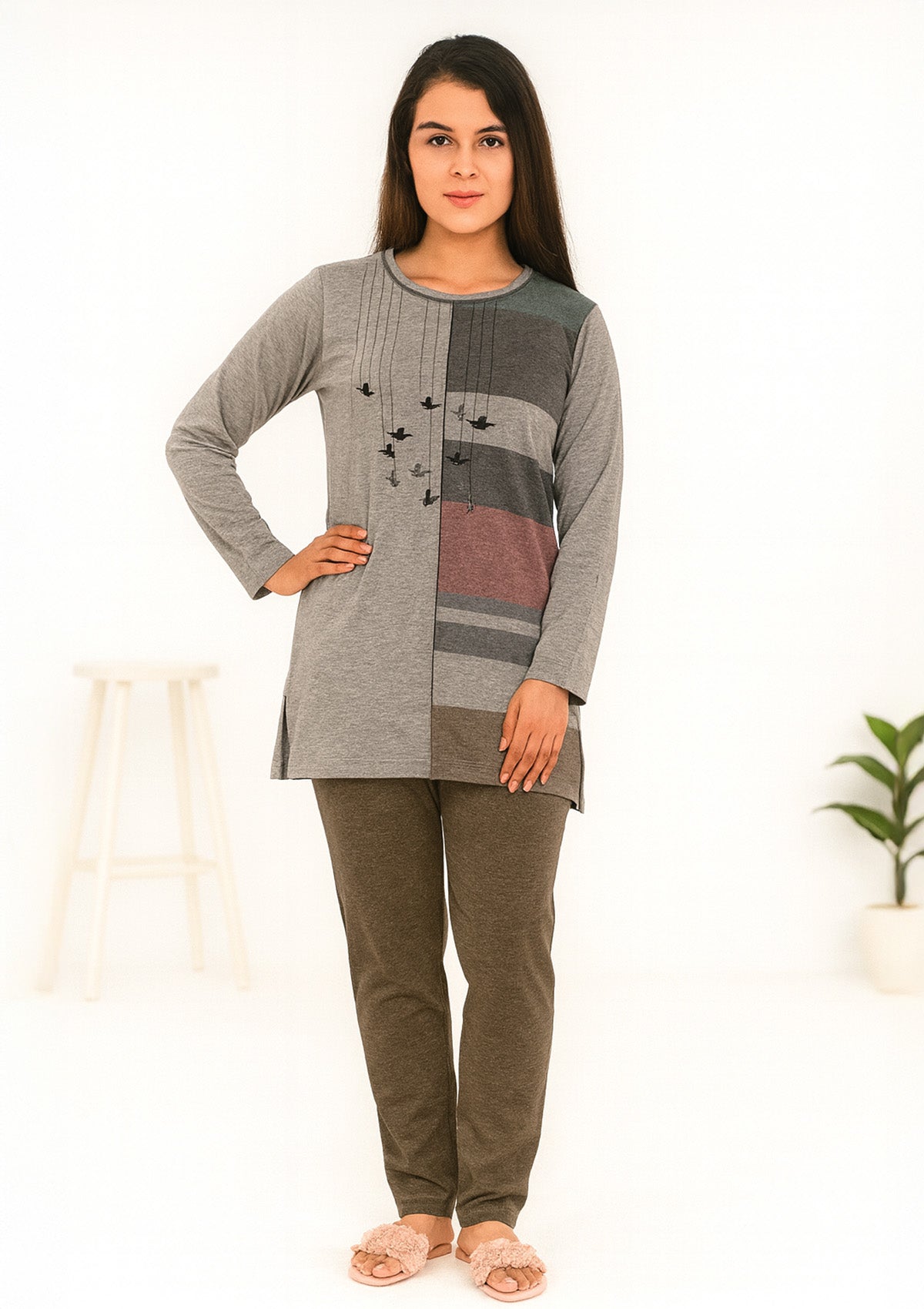 Women’s Night Suit – Grey Color‑Block Long‑Top with Bird Motif