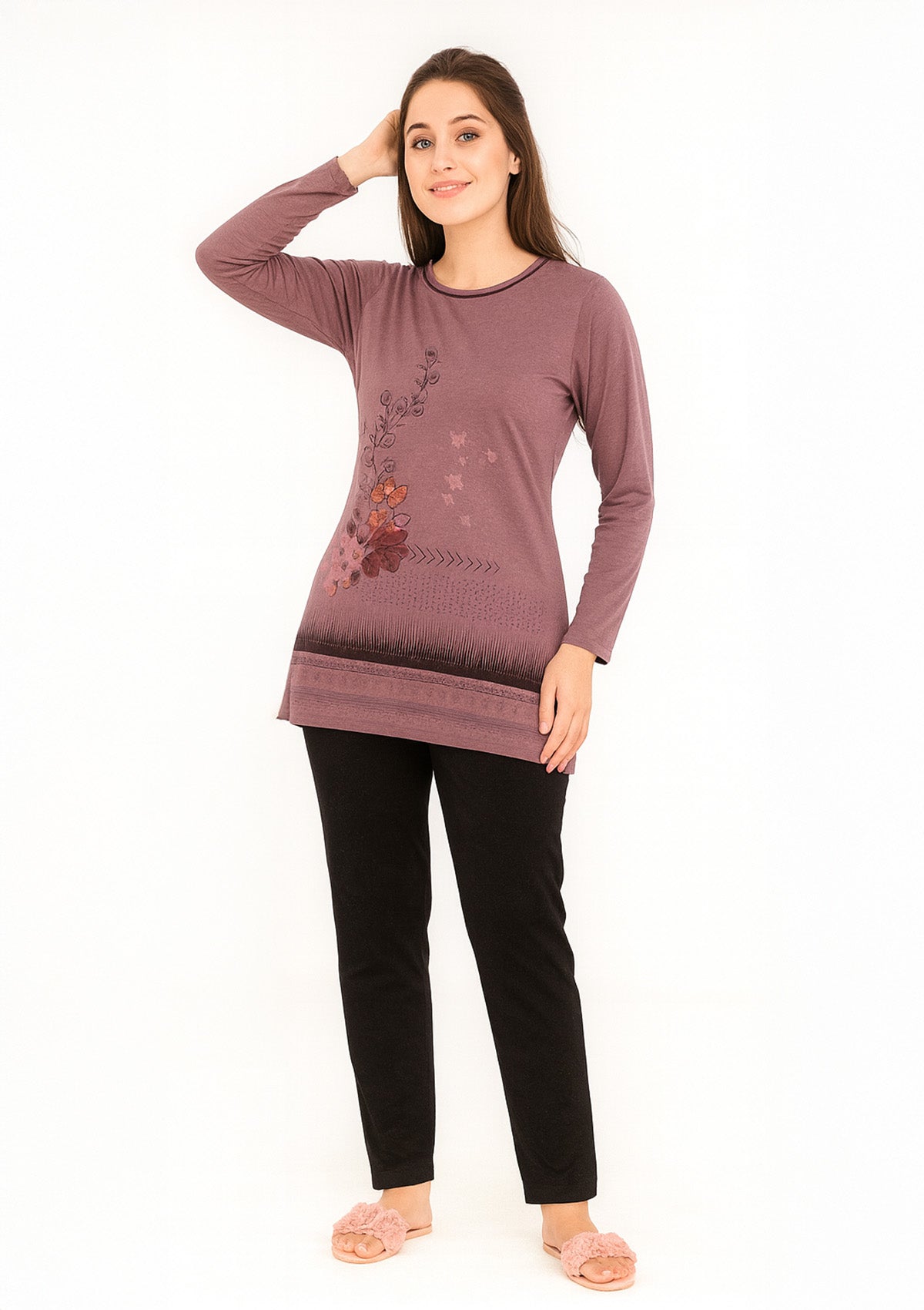 Women’s Night Suit – Mauve Floral Long‑Top with Ombre Hem