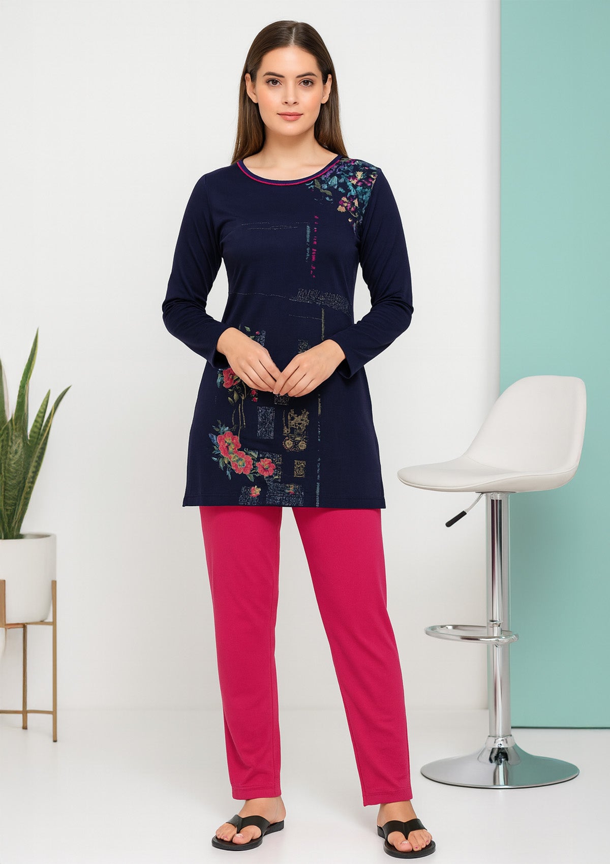 Women’s Night Suit – Navy Floral Long‑Top with Contrast Piping