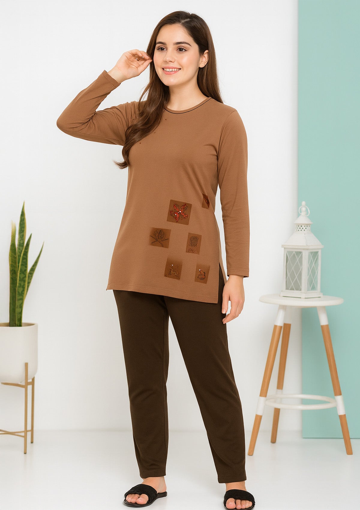Women’s Night Suit – Coffee Brown Patch‑Work Long‑Top