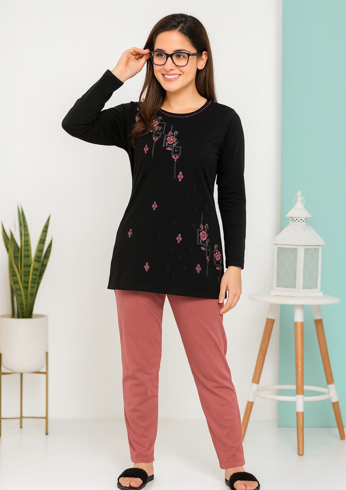 Women’s Night Suit – Black Embellished Long‑Top