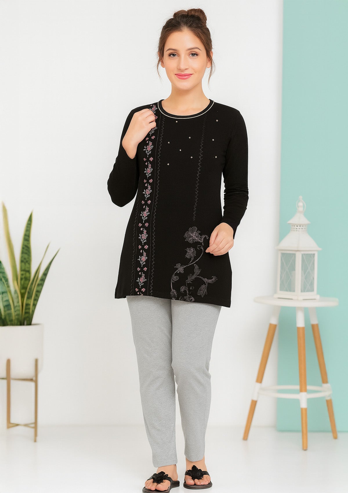 Women’s Night Suit – Black Long‑Top with Floral Side Panel