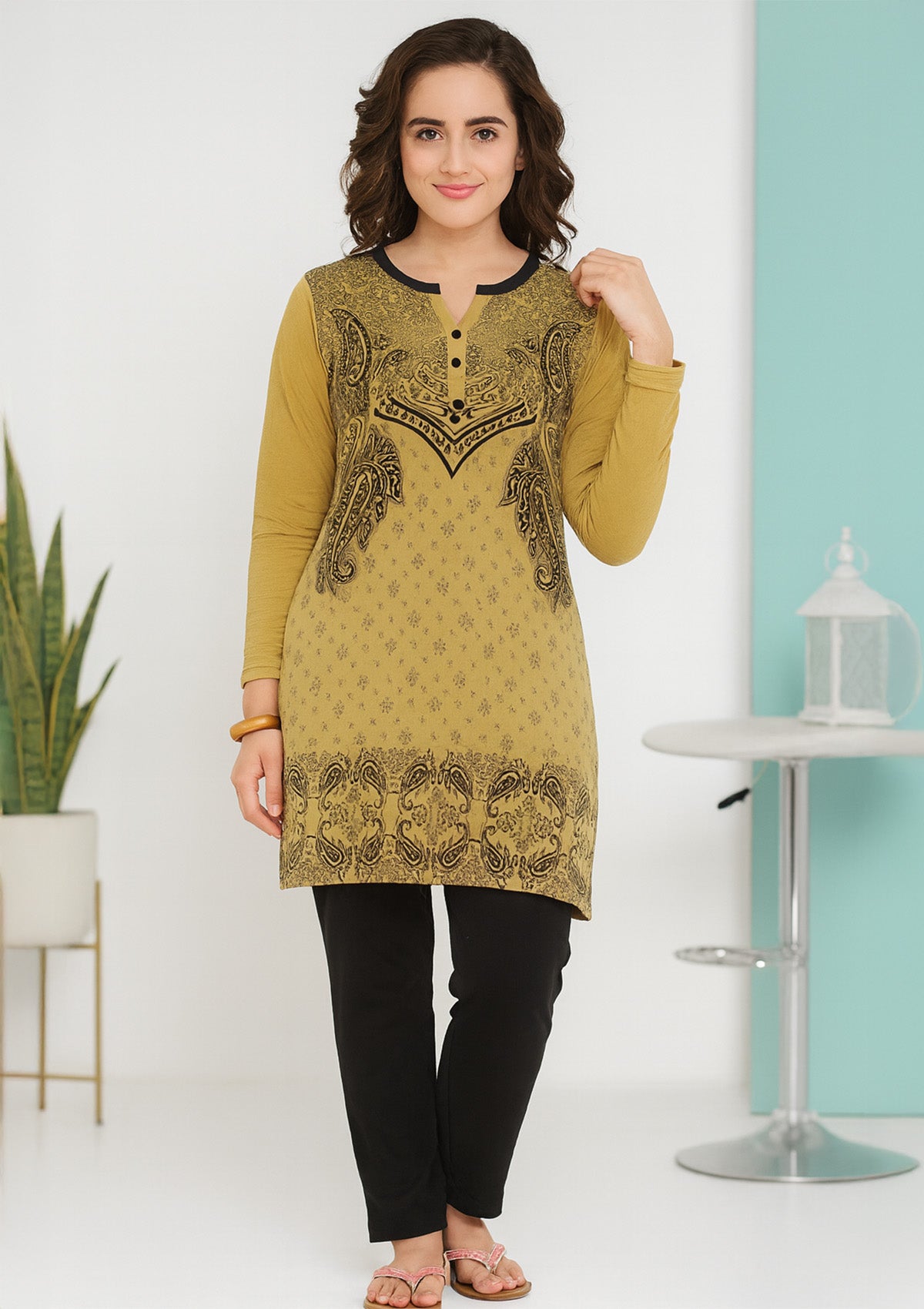 Women’s Night Suit – Mustard Green Printed Long‑Top with Henley Neck