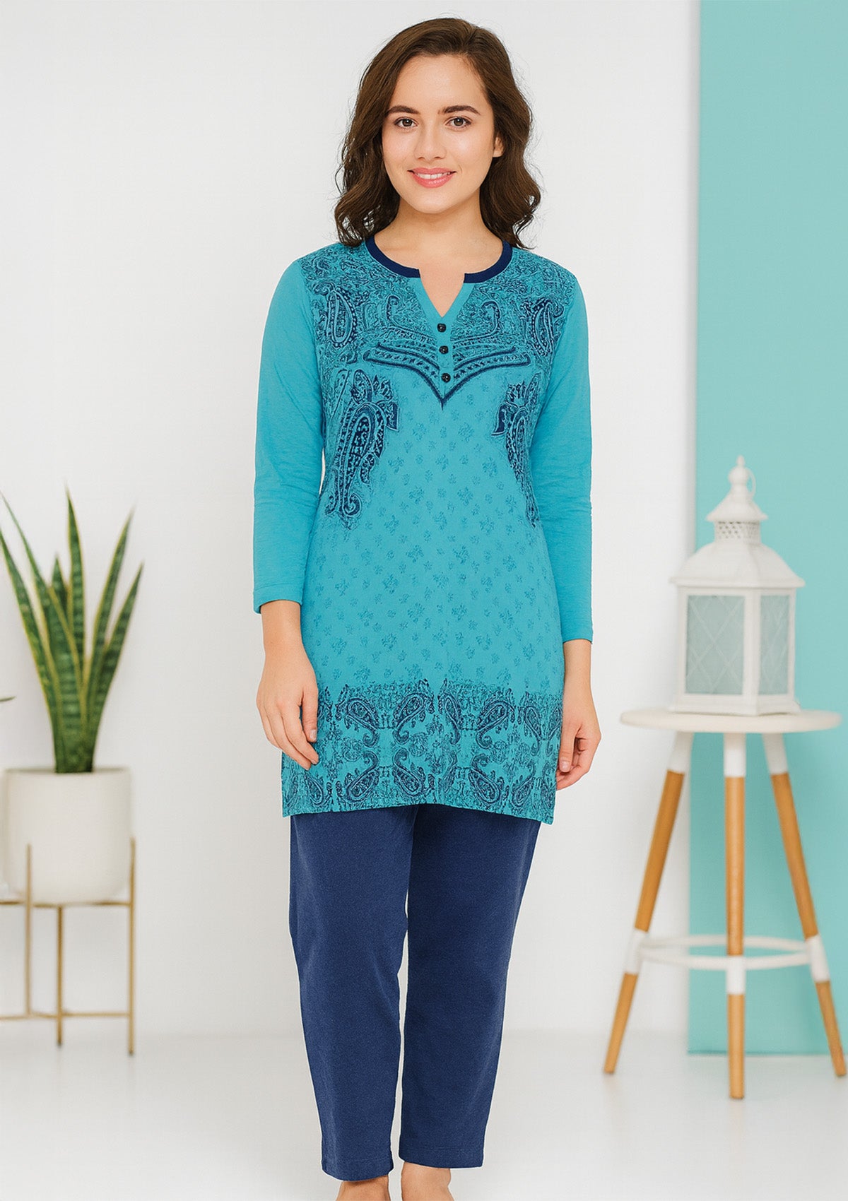Women’s Night Suit – Teal Printed Long‑Top with Henley Neck