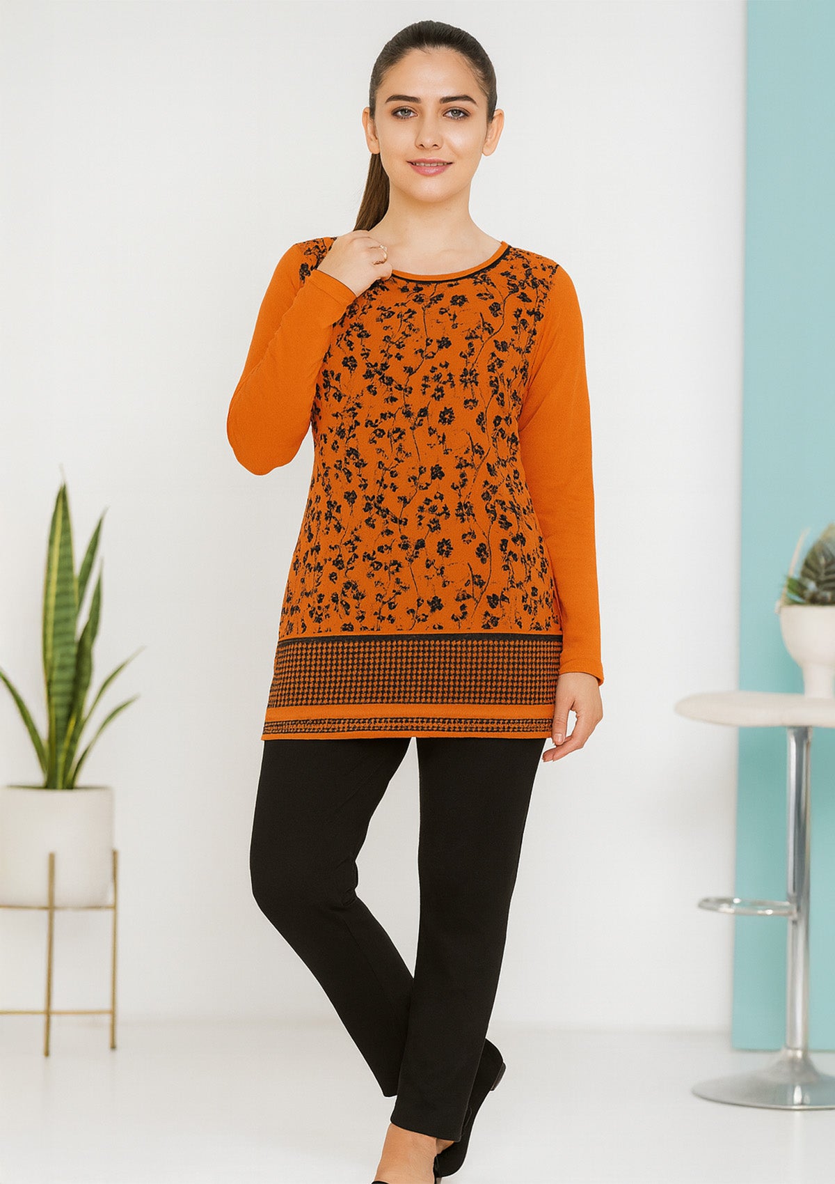 Women’s Night Suit – Orange Floral Long‑Top with Black Border Print