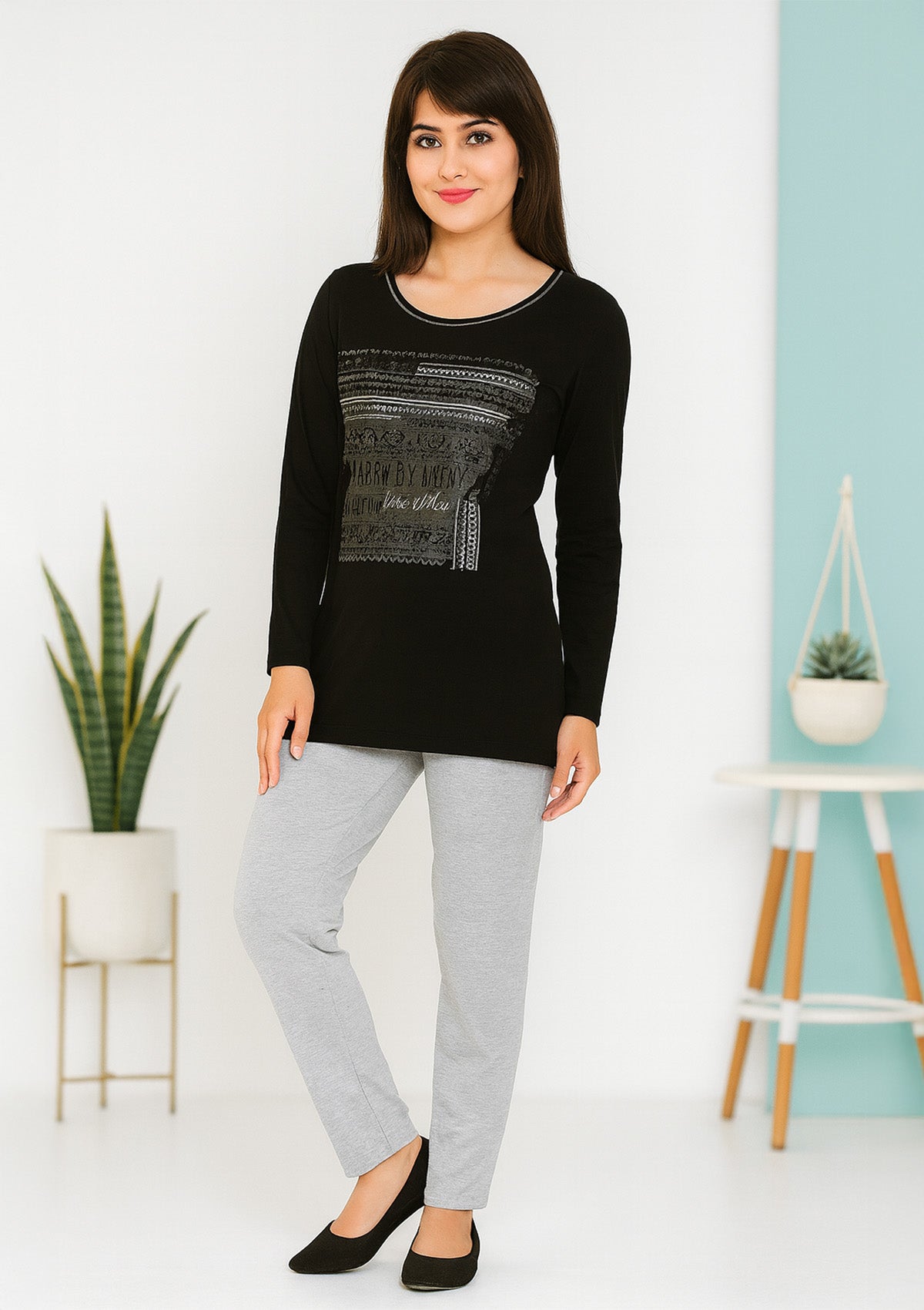 Women’s Night Suit – Black Foil‑Print Long‑Top with Scoop Neck