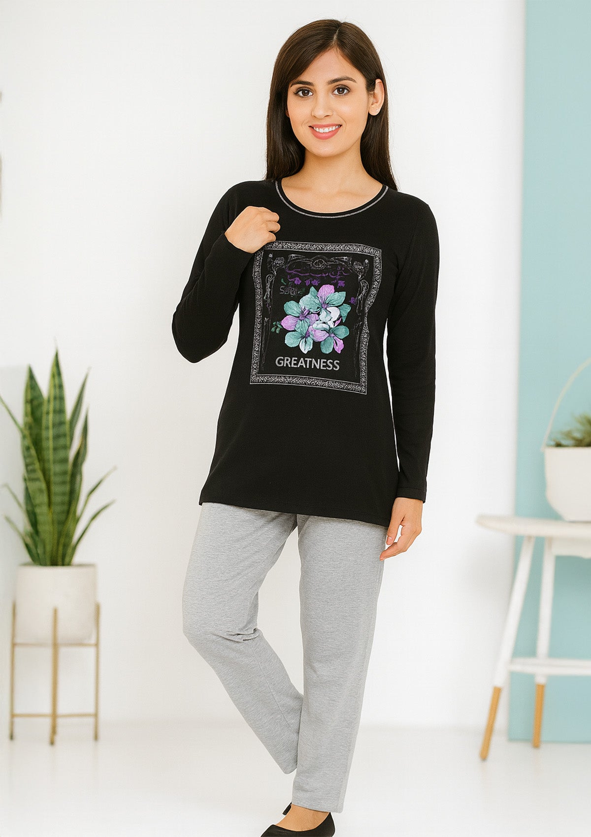 Premium Night Suit with Soft Jogger – Navy Black Top & Grey Pants