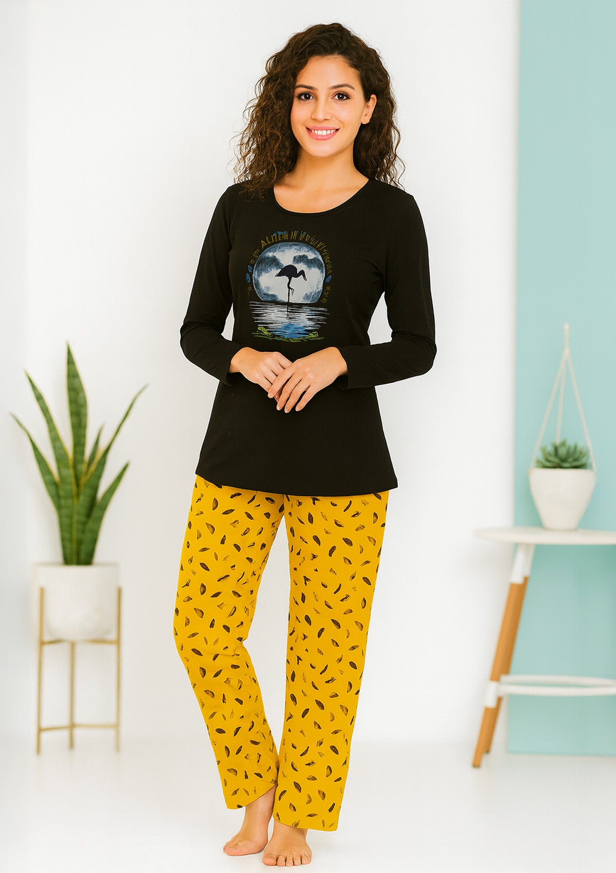 Night Suit with Printed Yellow Bottoms – Navy Round Neck Top