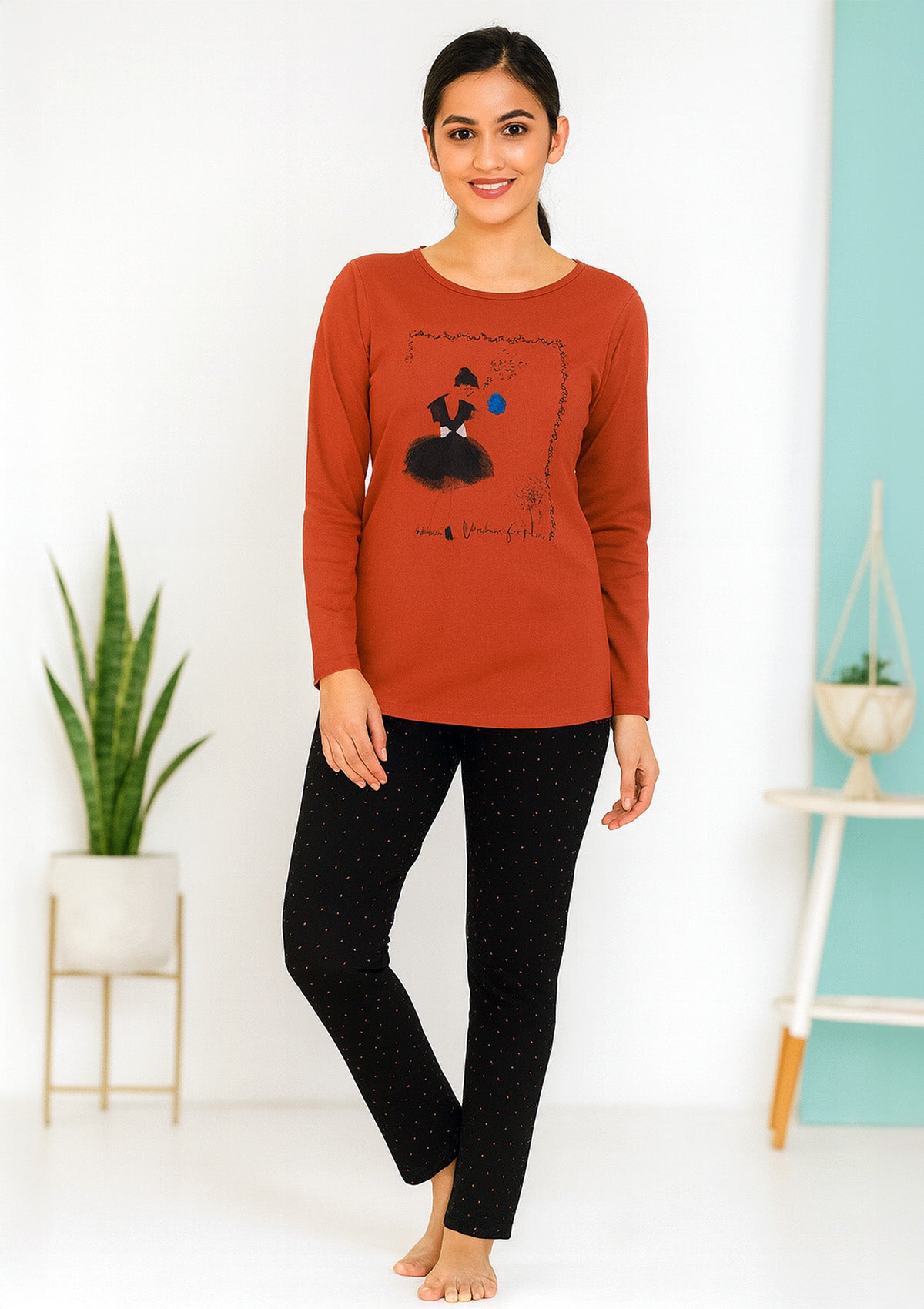 Night Suit with Black Polka Dot Bottoms – Red Round Neck Top