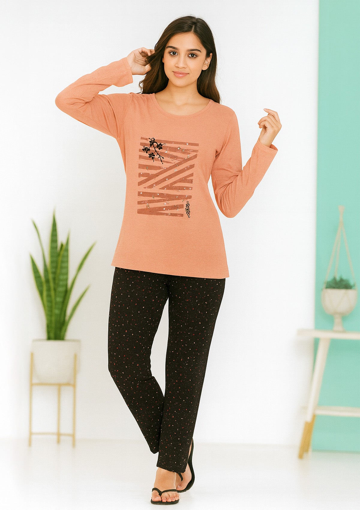 Night Suit (Short Top) – Peach Round Neck Top with Black Printed Bottoms