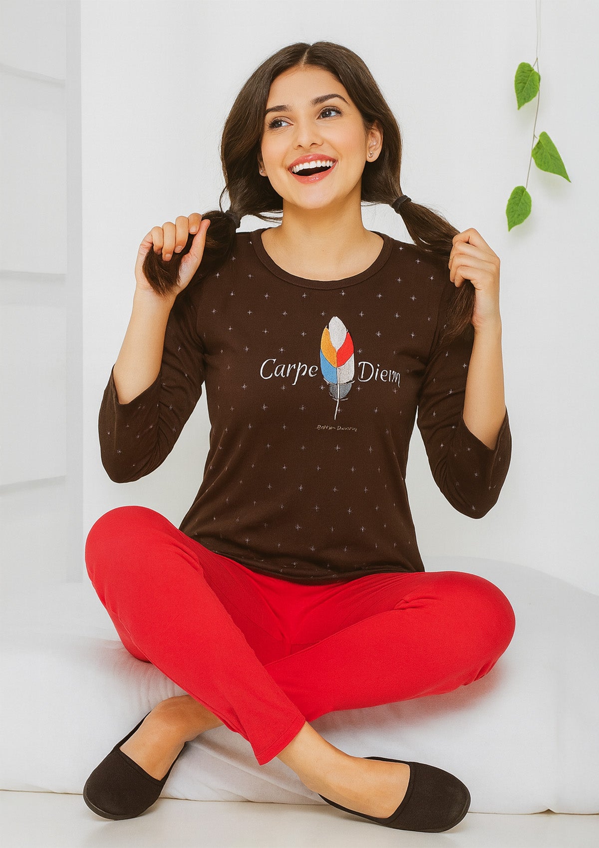 Night Suit (Short Top) – Brown Round Neck Top with Red Bottoms