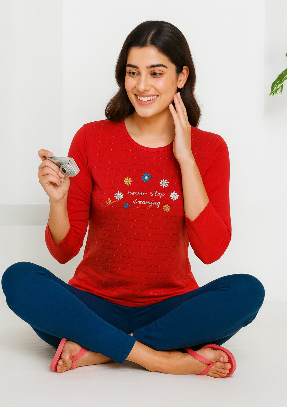 Night Suit (Short Top) – Red Round Neck Top with Blue Bottoms