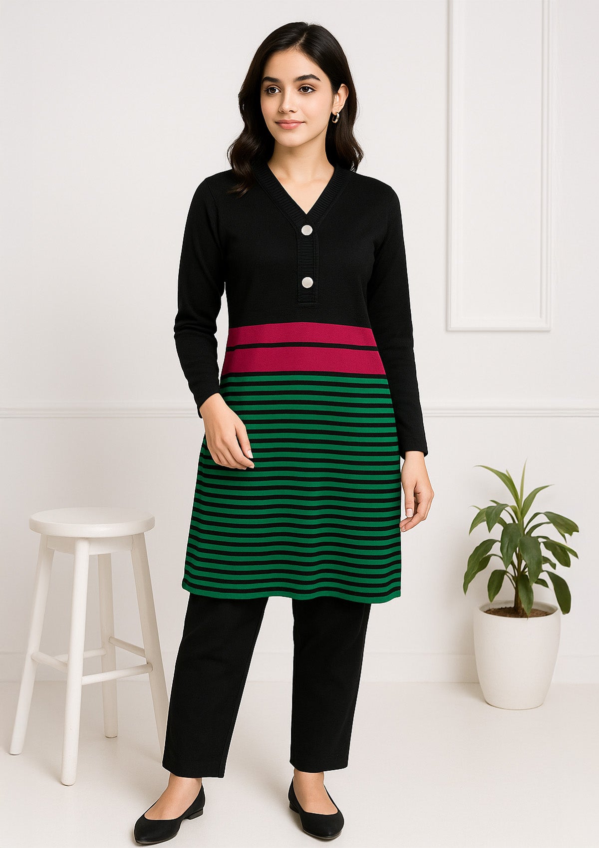 Black Woolen Kurti –Buttoned Yoke, Green Stripe Hem Panel