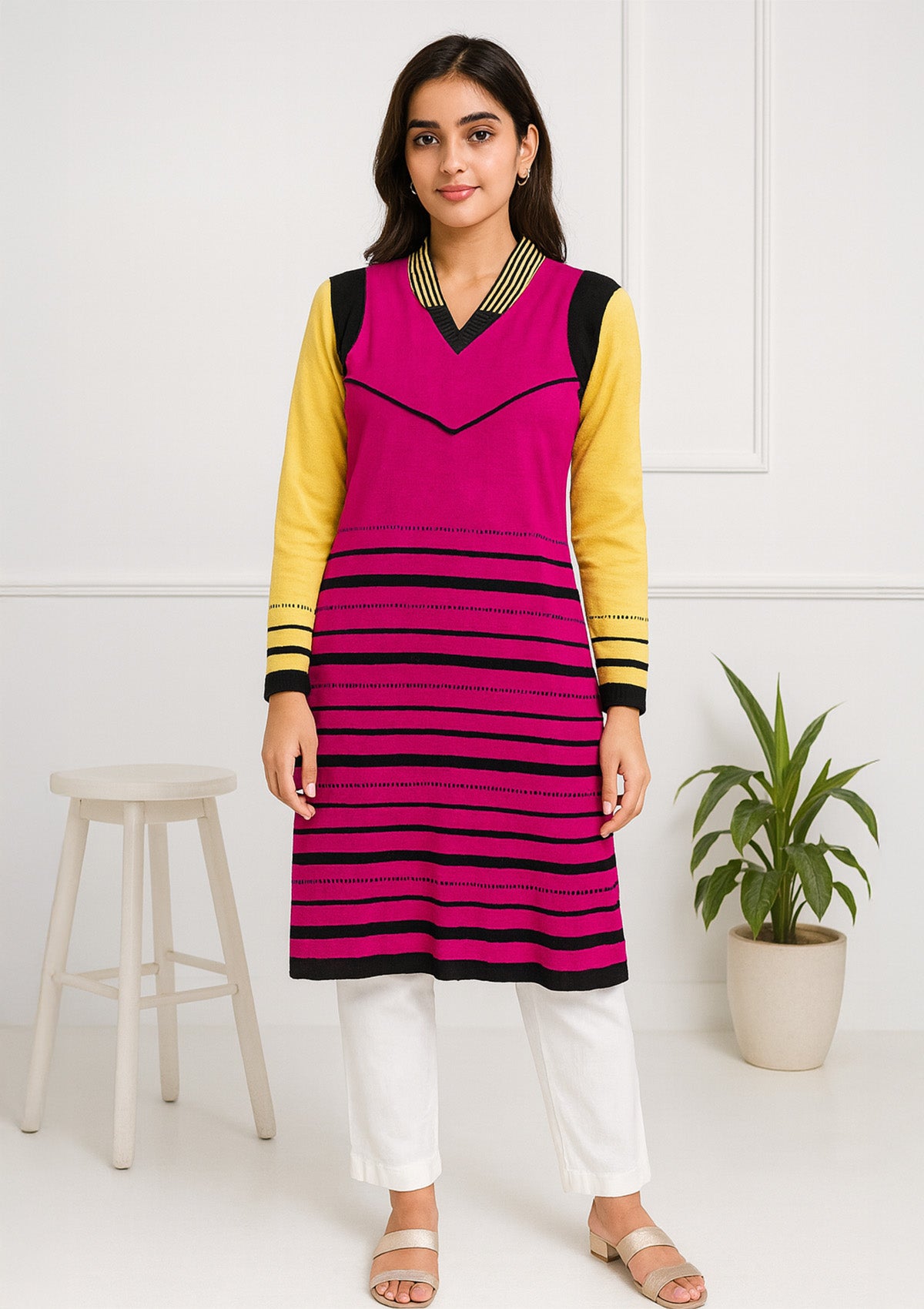 Magenta Woolen Kurti – Yellow Sleeves, Striped Hem & Stand Collar