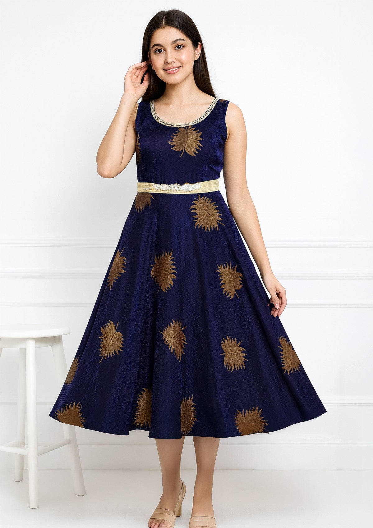 Navy Blue Long Frock Dress - Golden Leaf Print with Belted Waist