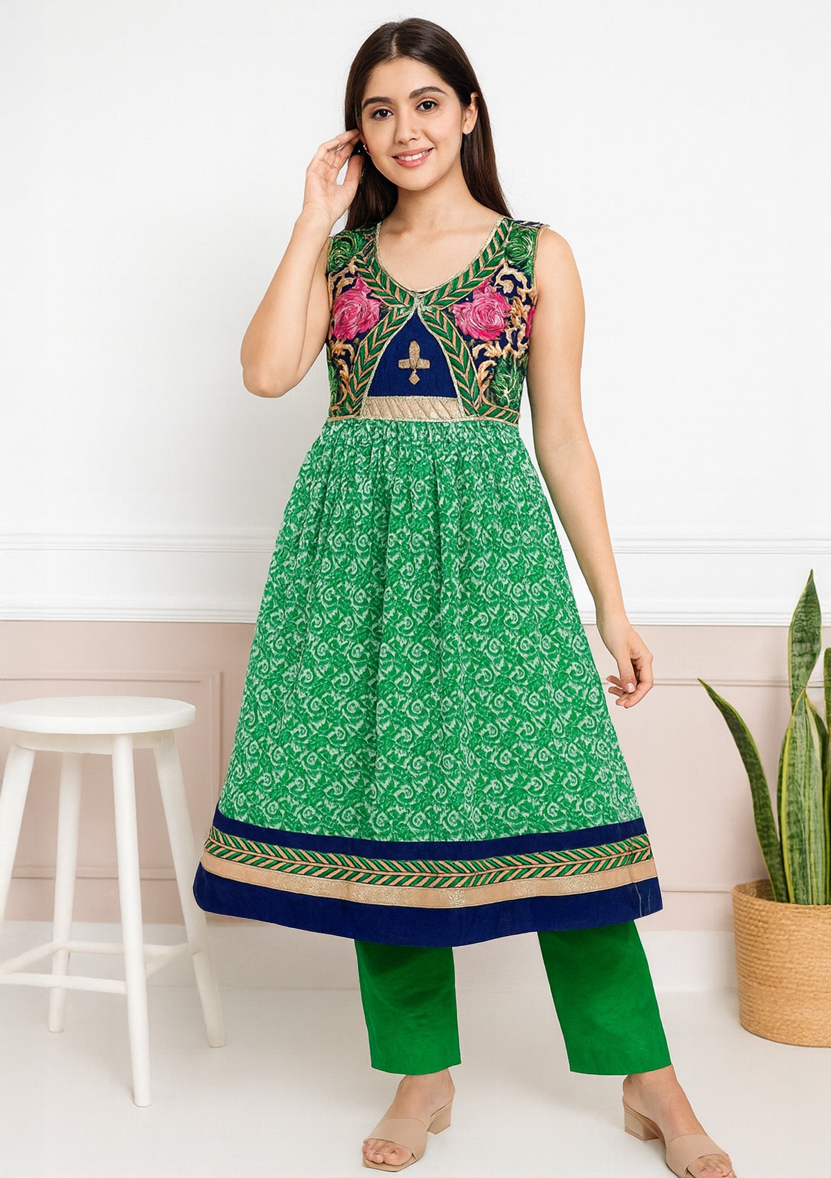 Green Frock Dress with Pant – Embroidered Yoke Festive Set