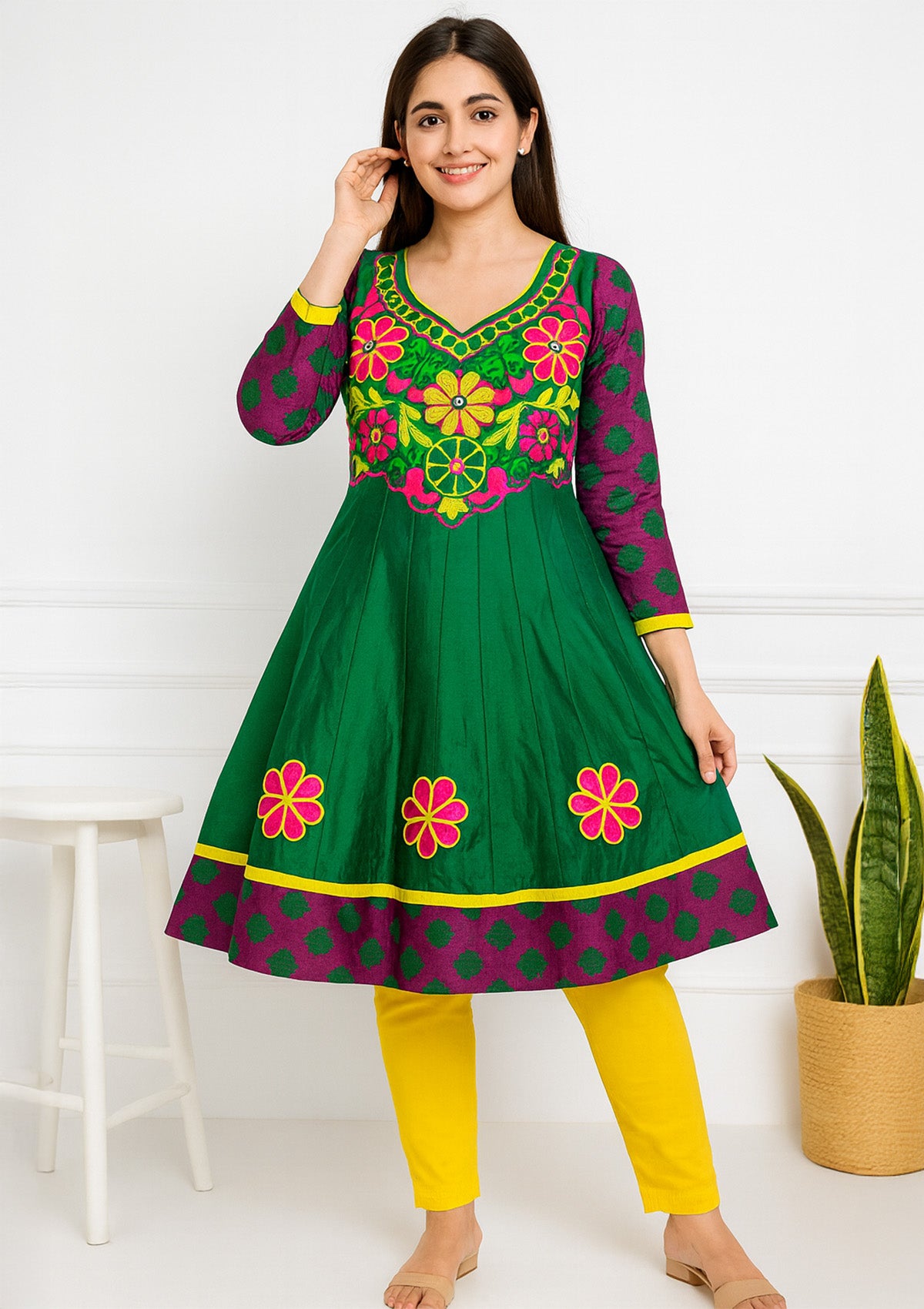 Green Frock Dress with Pant – Floral Embroidery