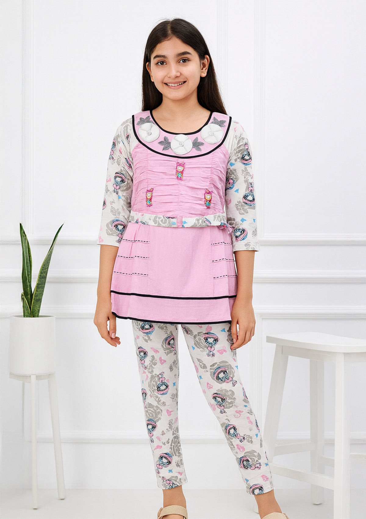 Pink Frock Suit – Printed Sleeves and Leggings, Belted A‑Line Top