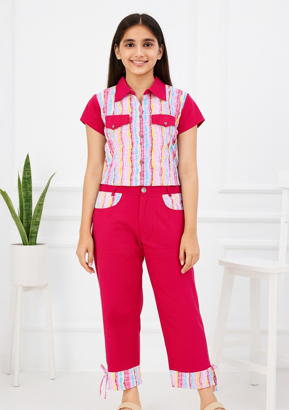 Girls Pant Shirt Suit – Multicolor Printed Shirt with Hot Pink Pants