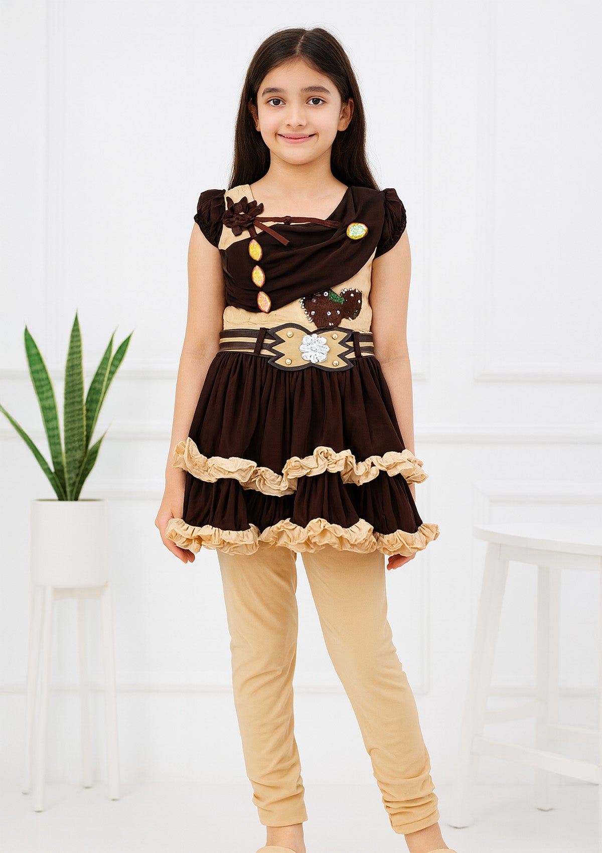 Chocolate Brown Frock Suit – Ruffled Hem Dress with Pant