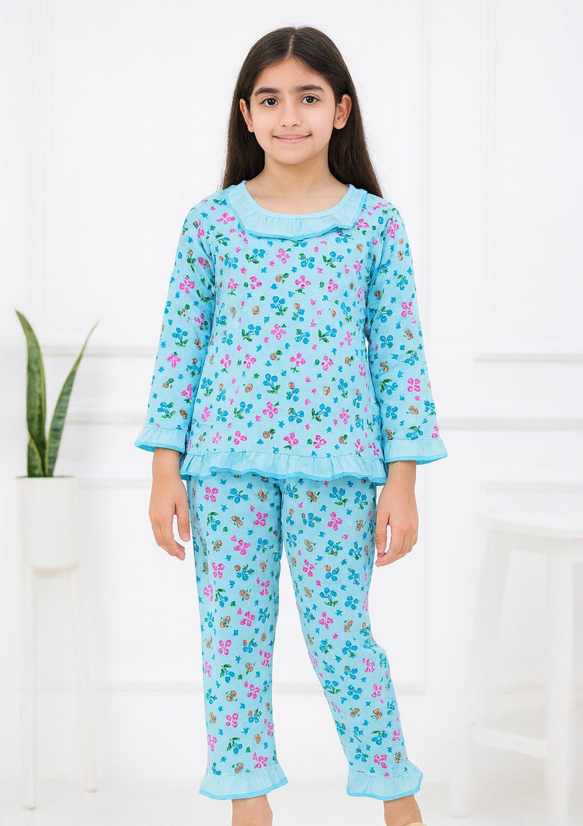 Kids Night Suit – Blue Floral Print Top with Matching Pajama