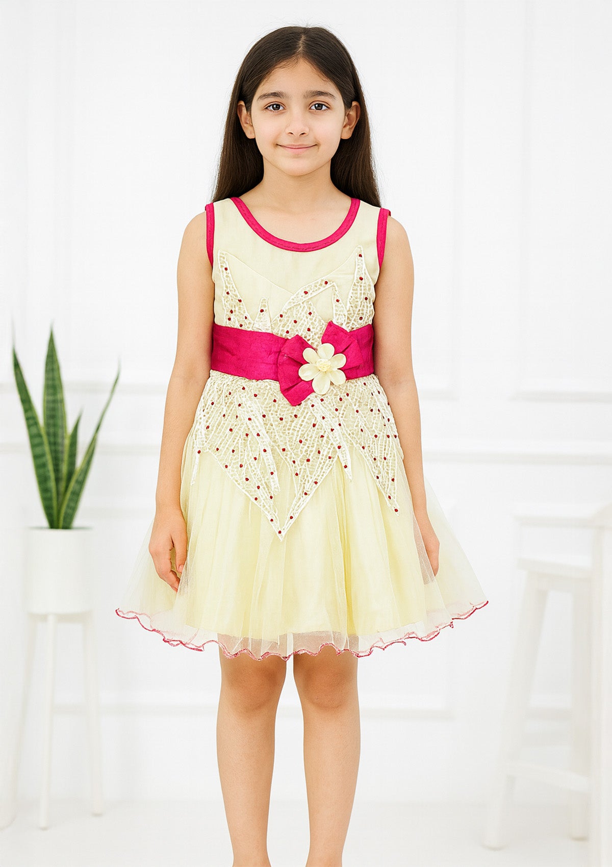 Cream Yellow Party Frock – Lace Overlay with Hot Pink Bow Belt
