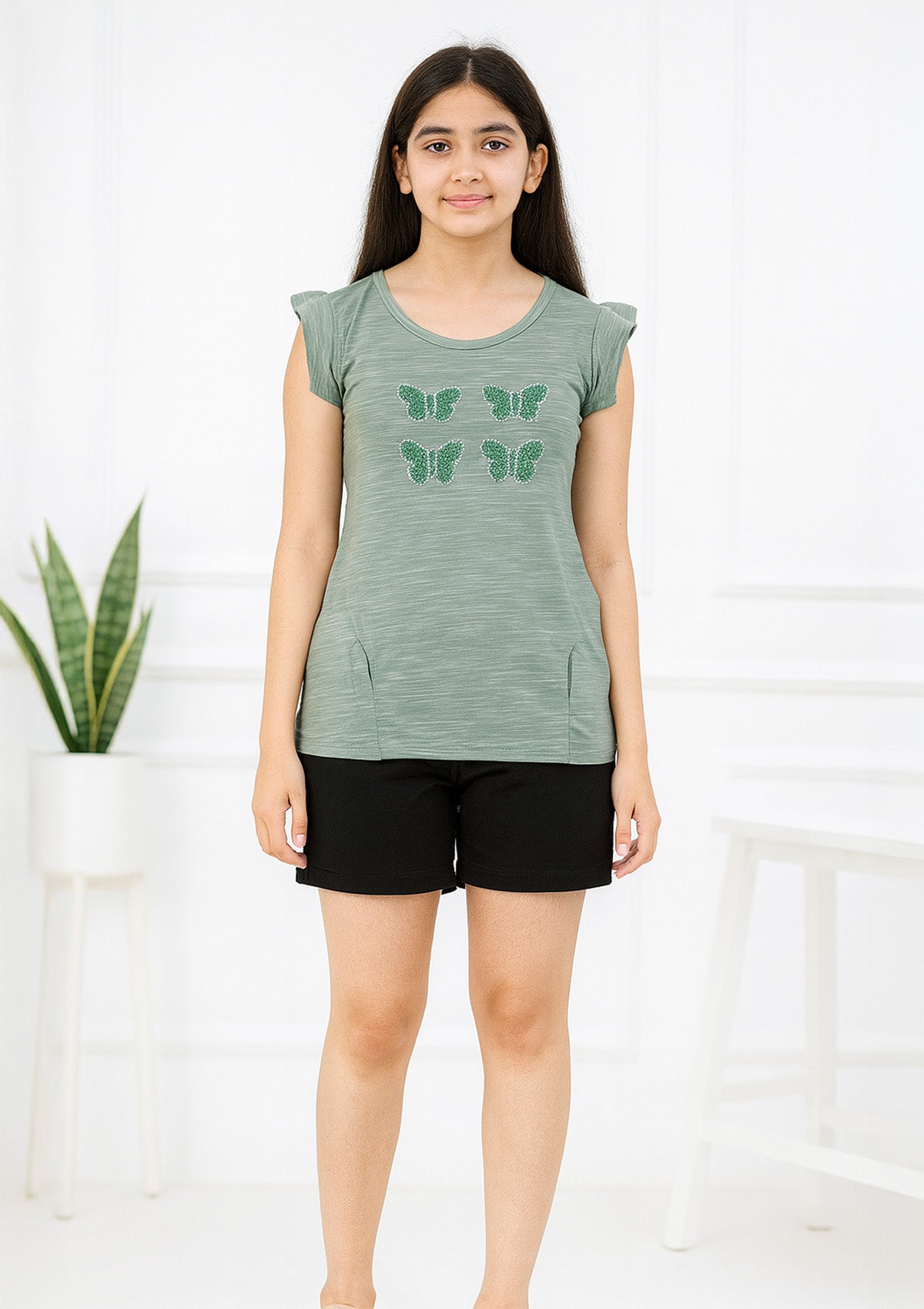 Mint Green Butterfly Top – Cap Sleeves, Bead Embellished