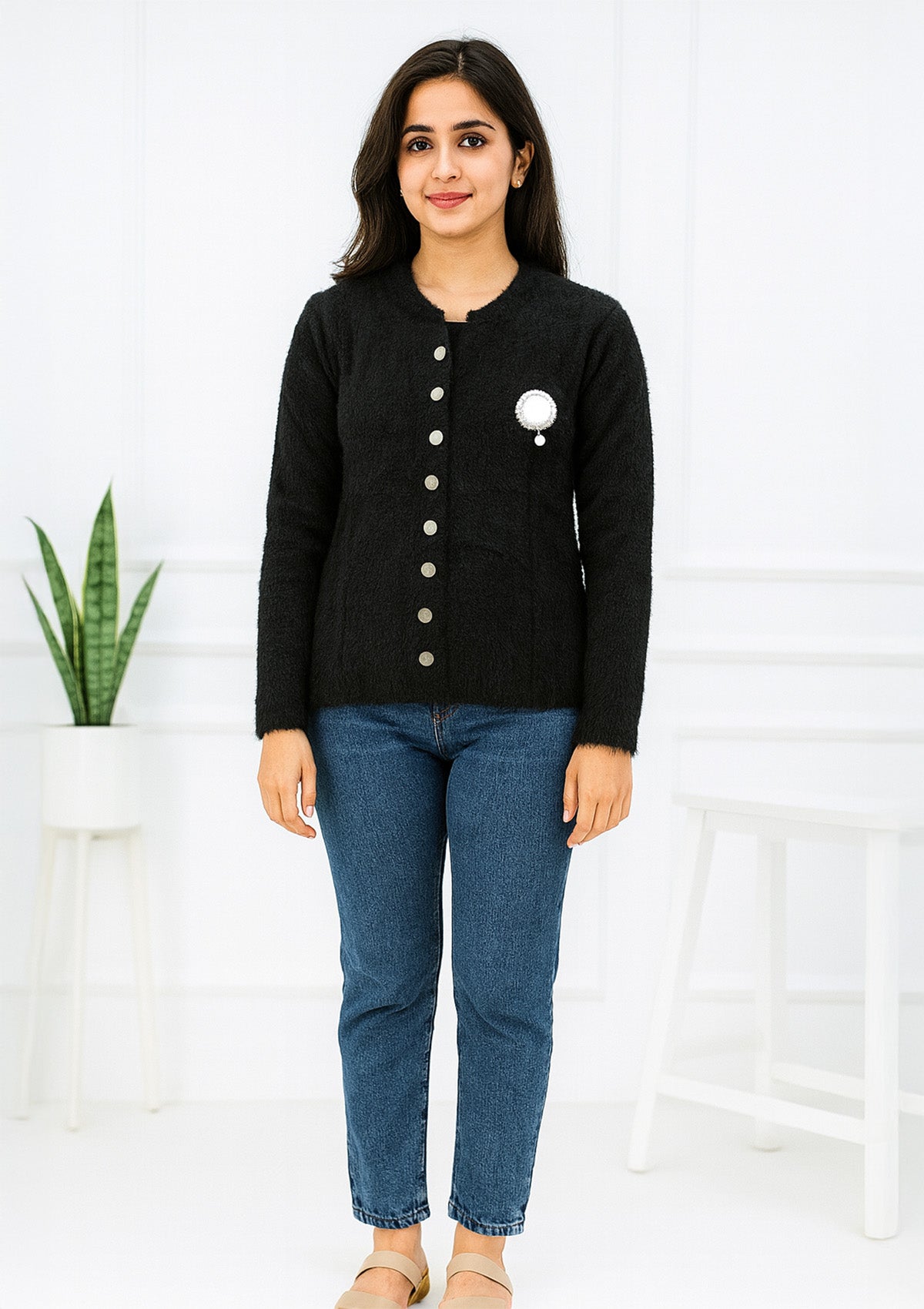 Black Woolen Cardigan – Stretchable with Pearl Brooch
