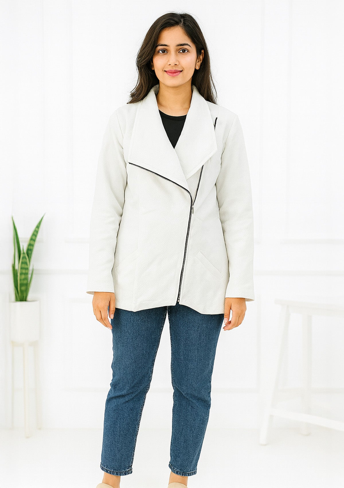 White Asymmetric Zip Jacket –  Wide Lapel & Textured Casual Layer