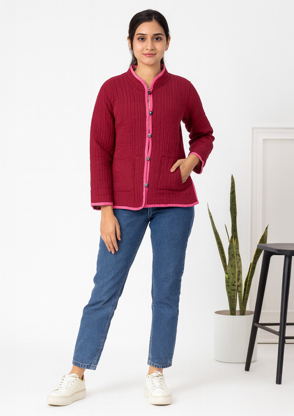 Reversible Quilted Cardigan Jacket – Pink Piping with Button Front