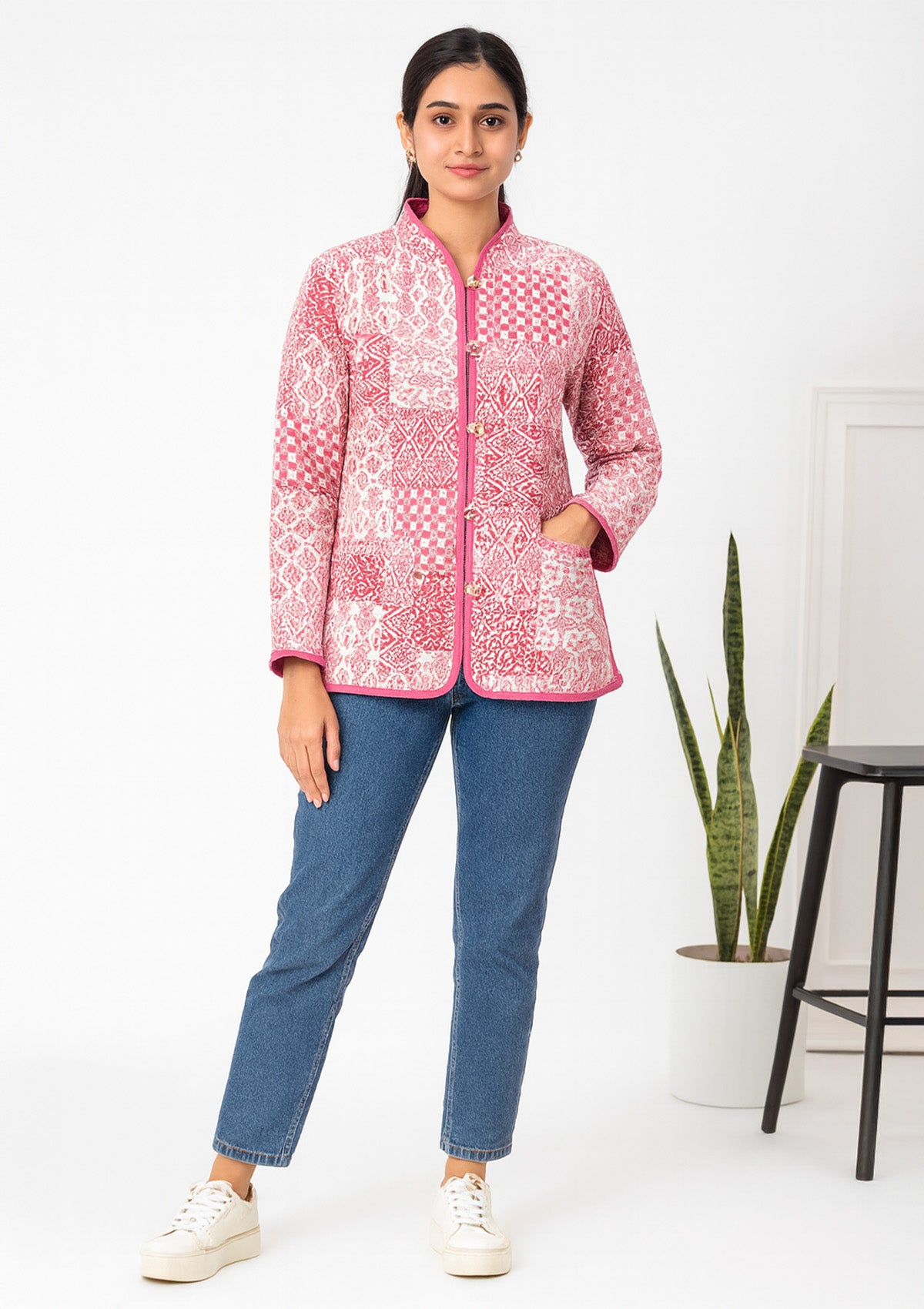 Reversible Quilted Cardigan Jacket – Pink Piping with Button Front