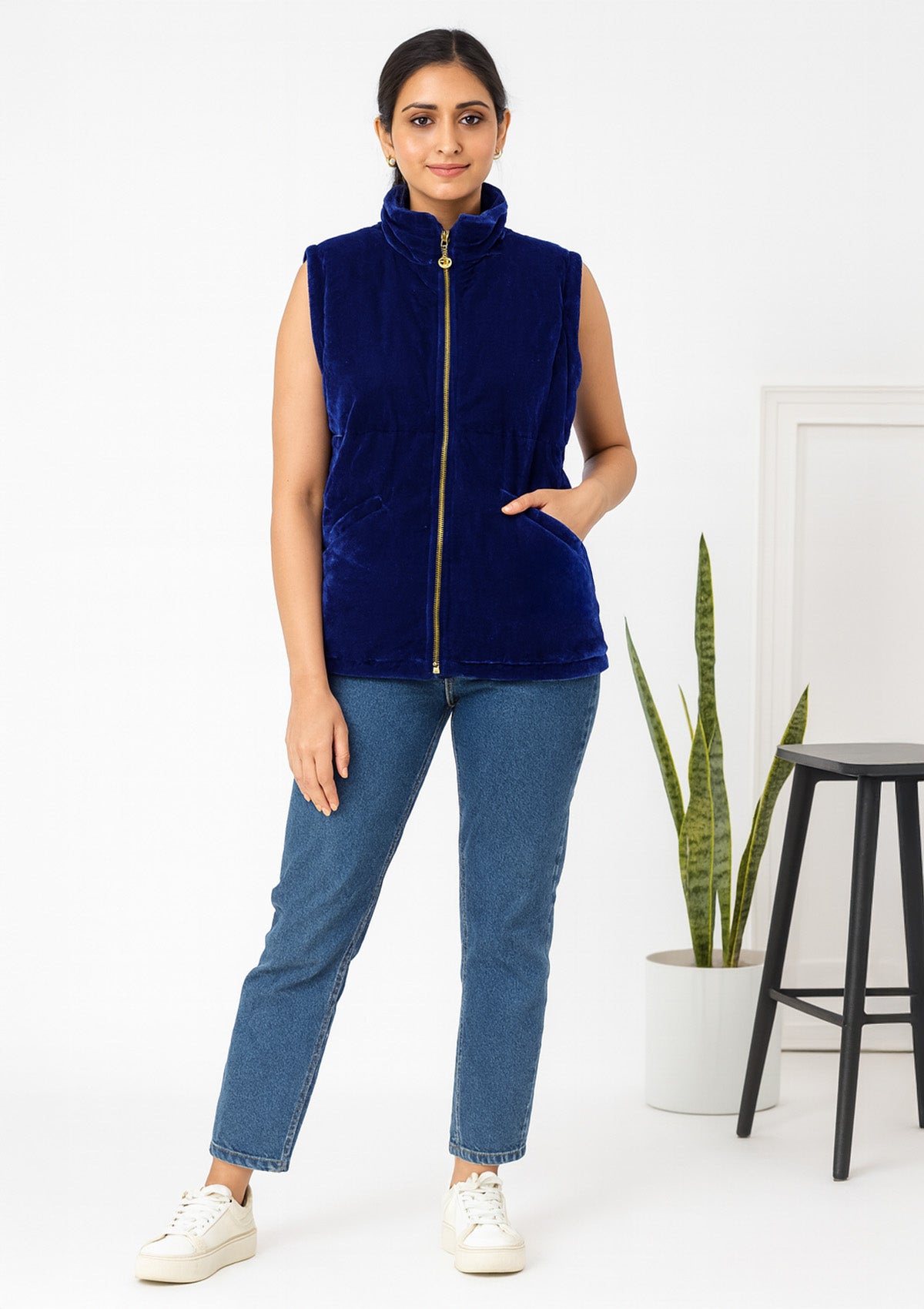 Royal Blue Velvet Sleeveless Jacket – Zip Front